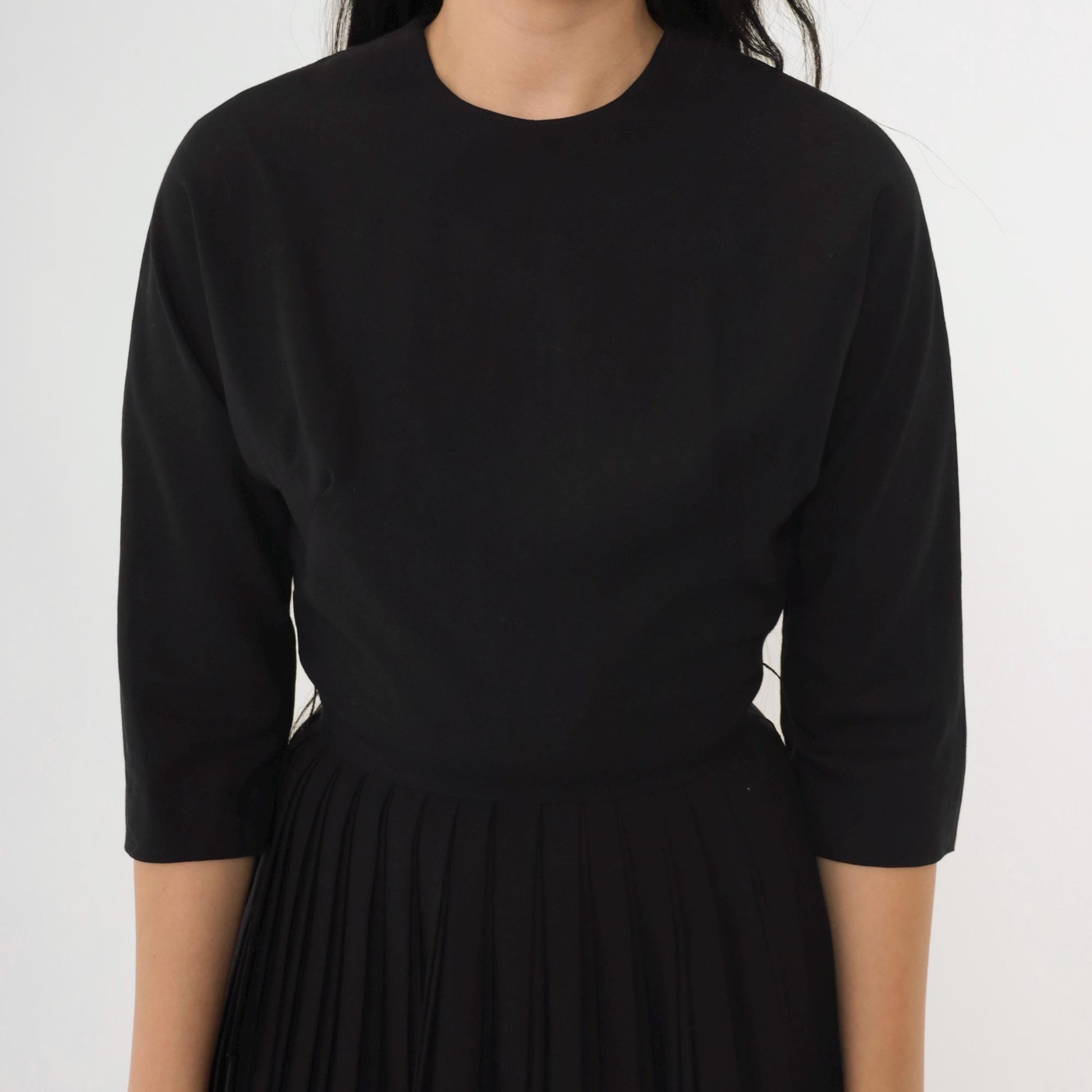 60s Howard Wolf Black Pleated Cocktail Dress 3/4 Sleeve Tailored Extra Small XS