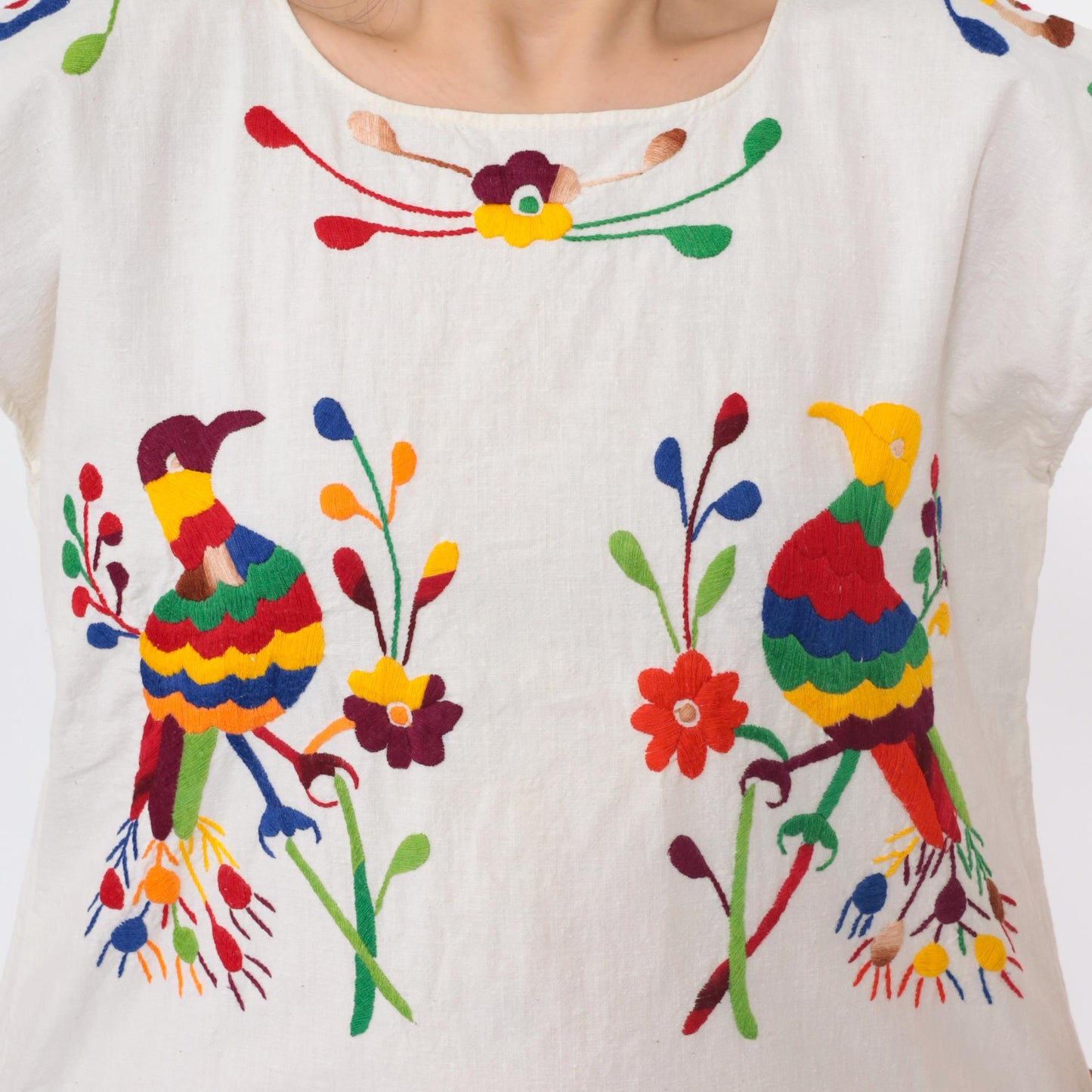 90s Mexican Embroidered Peacock Floral Mini Dress White Cotton Tunic Medium M