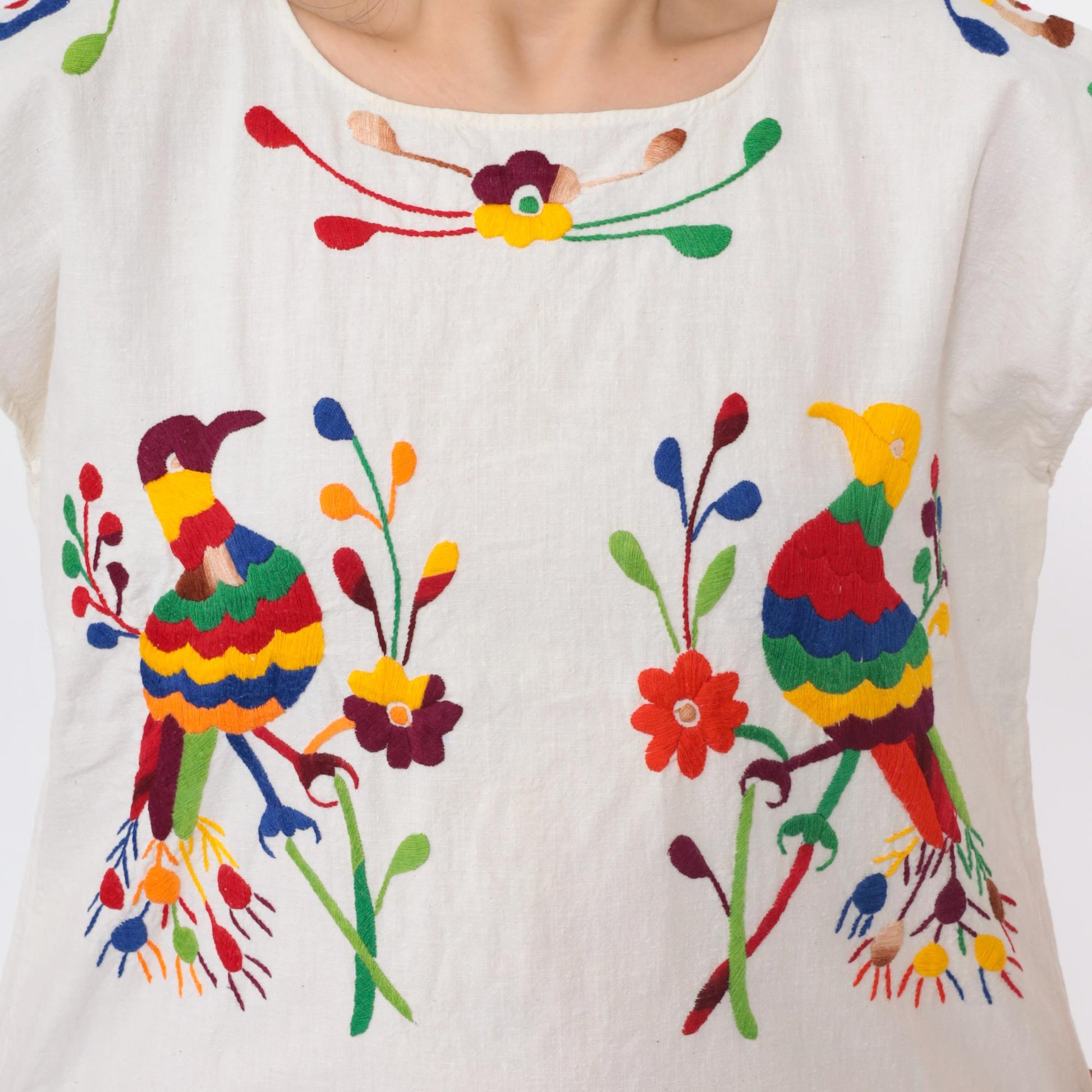 90s Mexican Embroidered Peacock Floral Mini Dress White Cotton Tunic Medium M