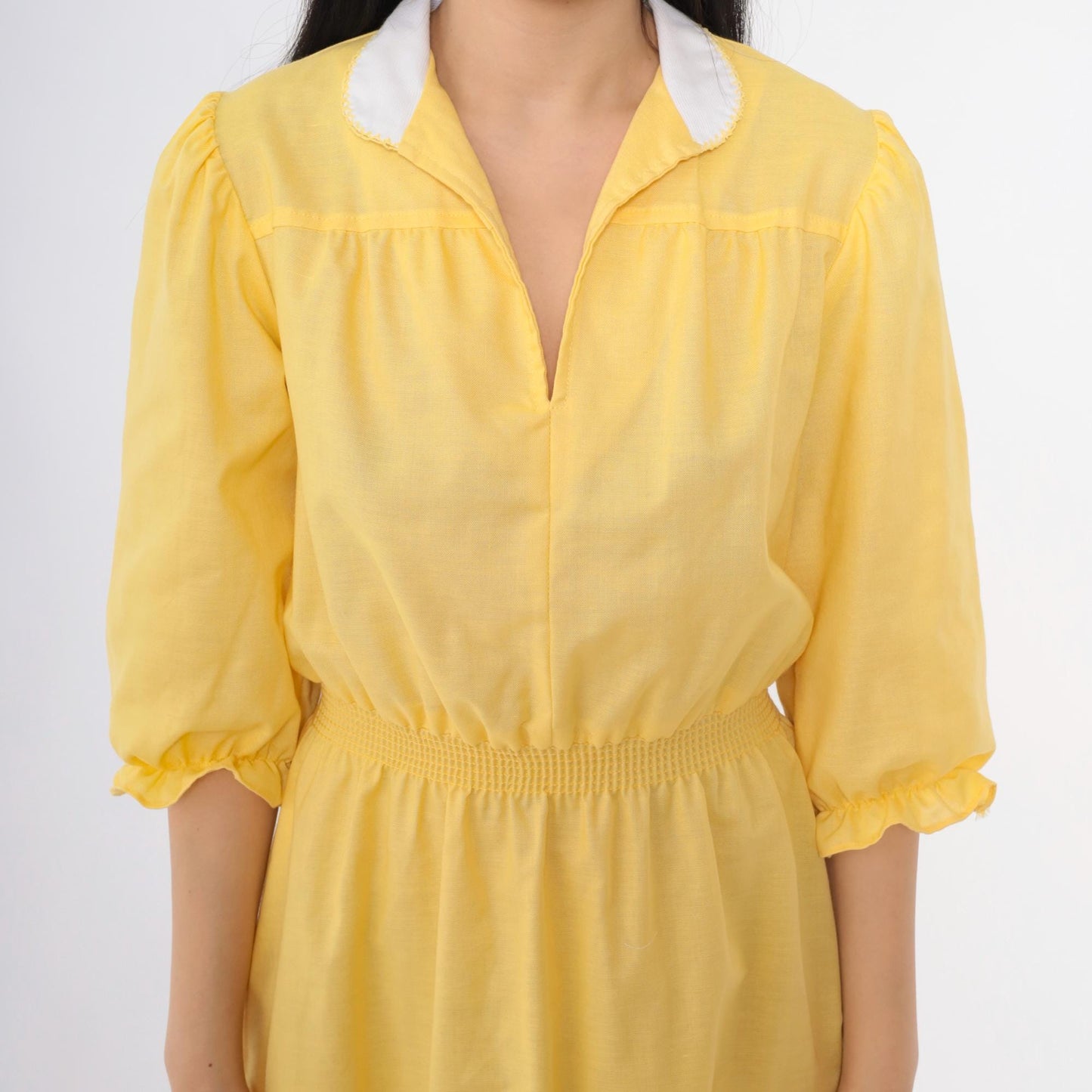 70s Yellow Puff Sleeve Midi Dress White Collar Smocked Waist Small S