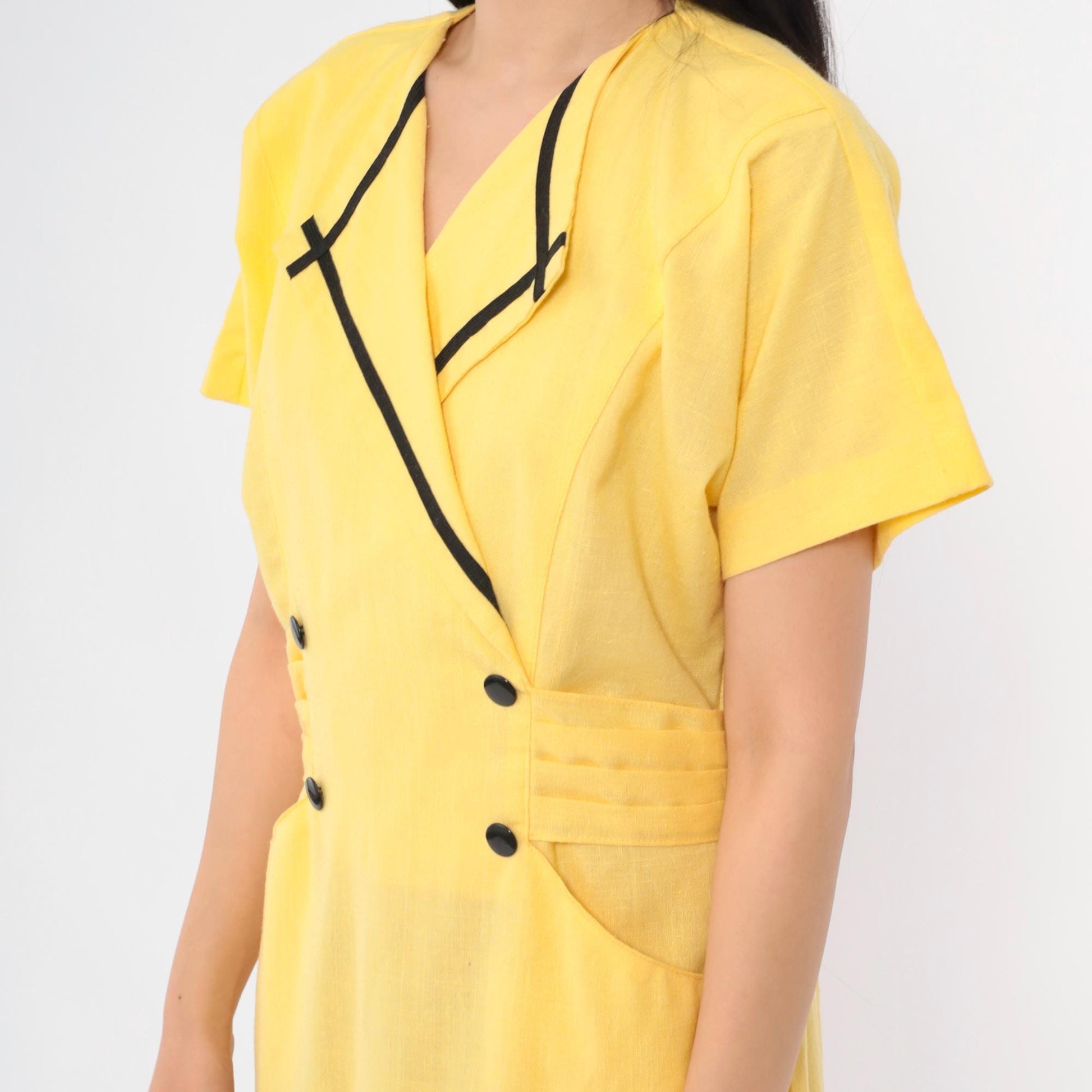 80s Damon Petite Yellow Midi Dress Double Breasted Button Front Black Trim Medium