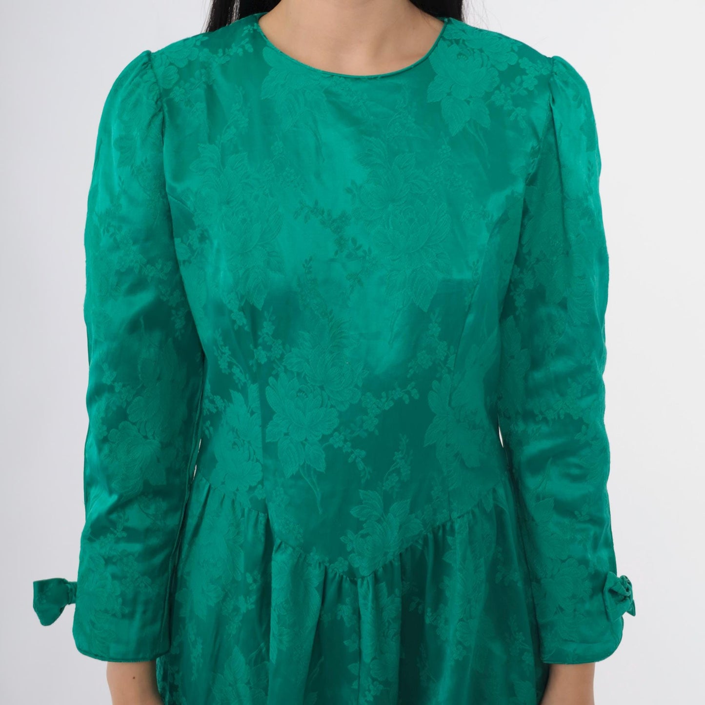 80s Lanz Originals Emerald Jacquard Midi Dress Puff Sleeve Bow Cuff Medium M