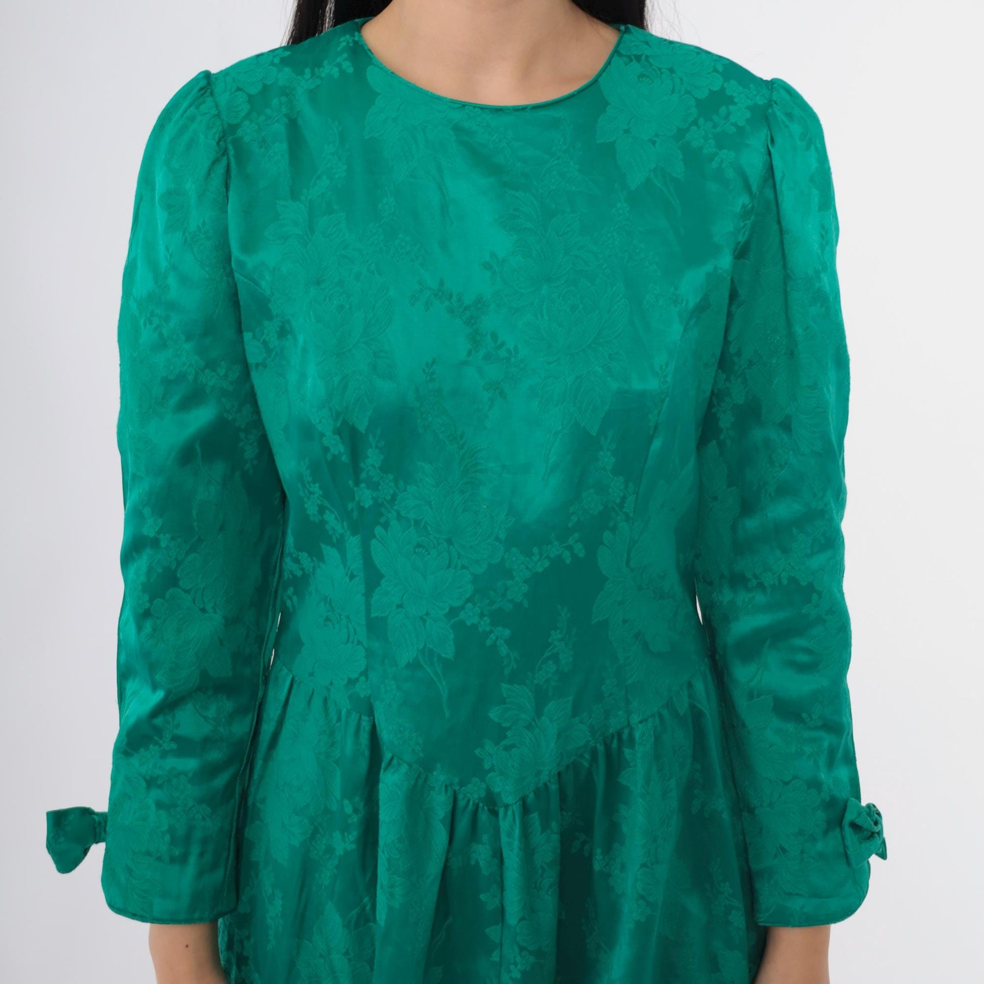 80s Lanz Originals Emerald Jacquard Midi Dress Puff Sleeve Bow Cuff Medium M