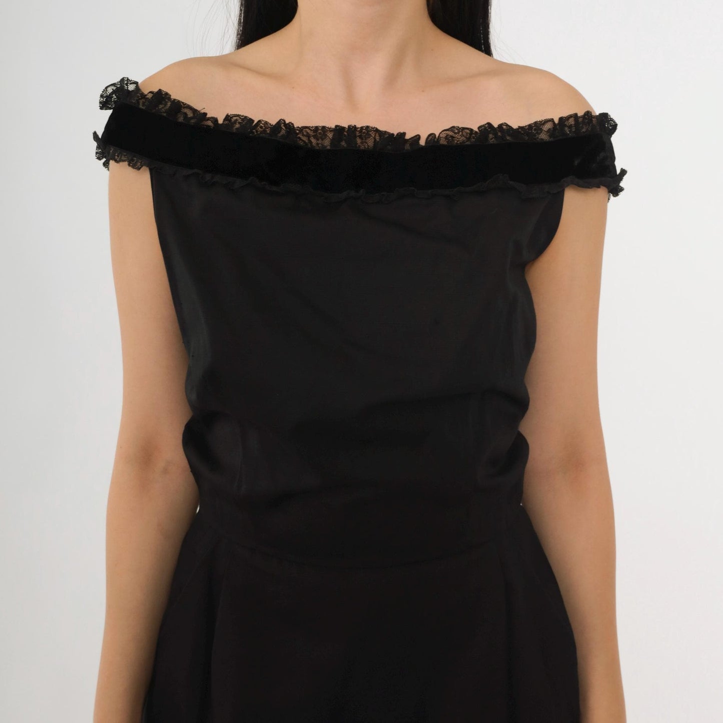 1960s Maggi Stover Black Cocktail Dress Off-Shoulder Velvet Lace Midi Small 4