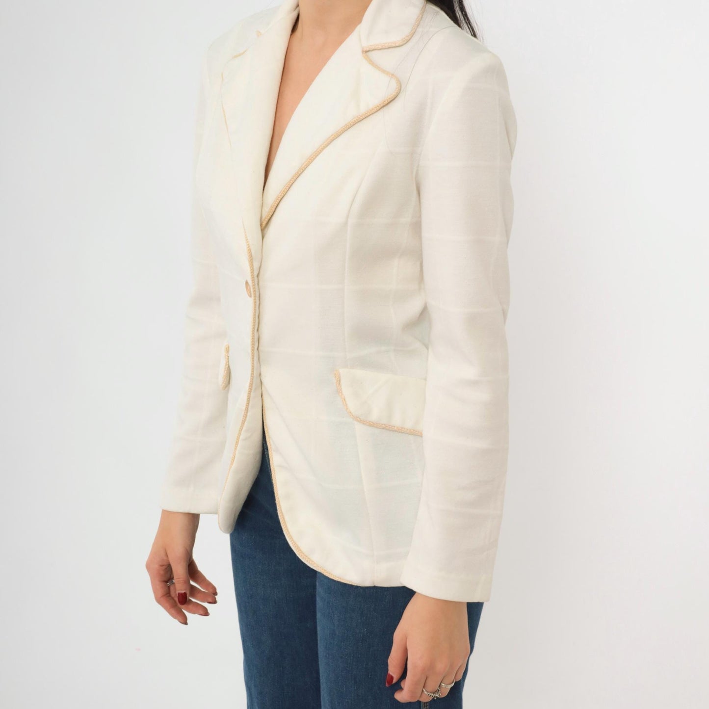 70s White Checkered Blazer Jacket Notched Collar Tan Trim Small