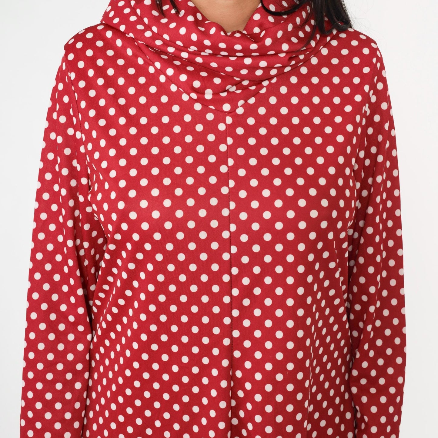 70s Red Polka Dot Mock Neck Mini Dress Long Sleeve A-Line Shift Medium Large