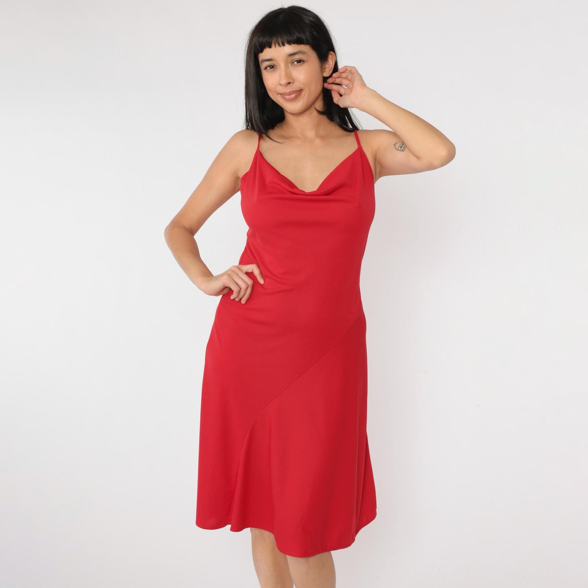 Y2K Red Cowl Neck Midi Dress Spaghetti Strap Fit Flare 00s Medium