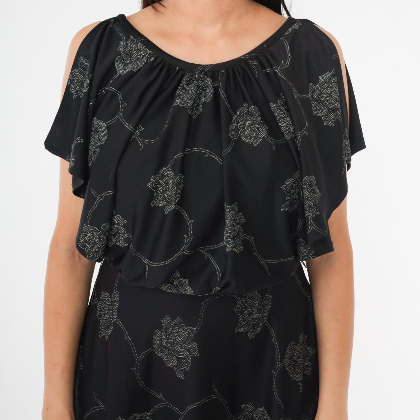 70s Black Floral Midi Dress High Waist Flutter Sleeve Small