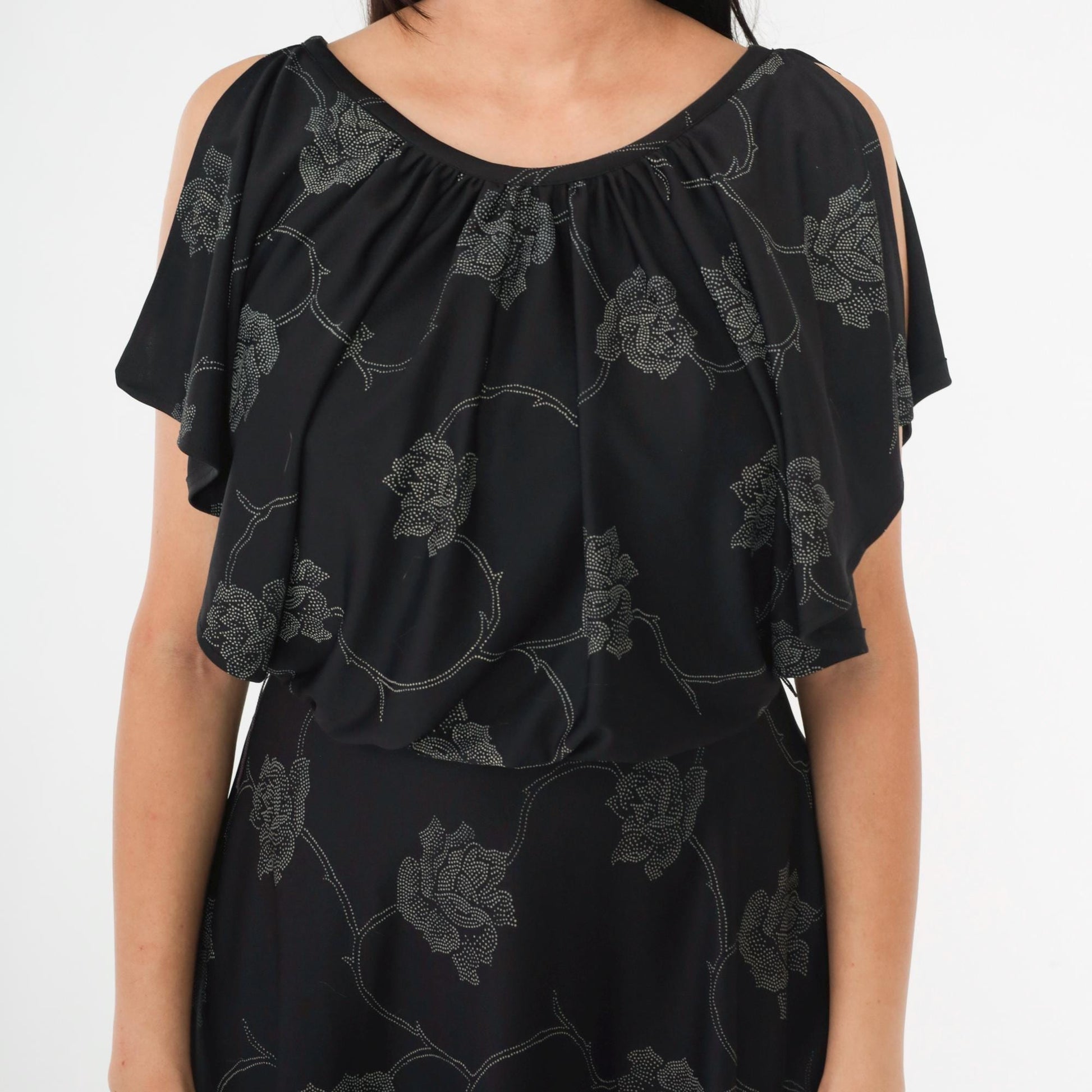 70s Black Floral Midi Dress High Waist Flutter Sleeve Small