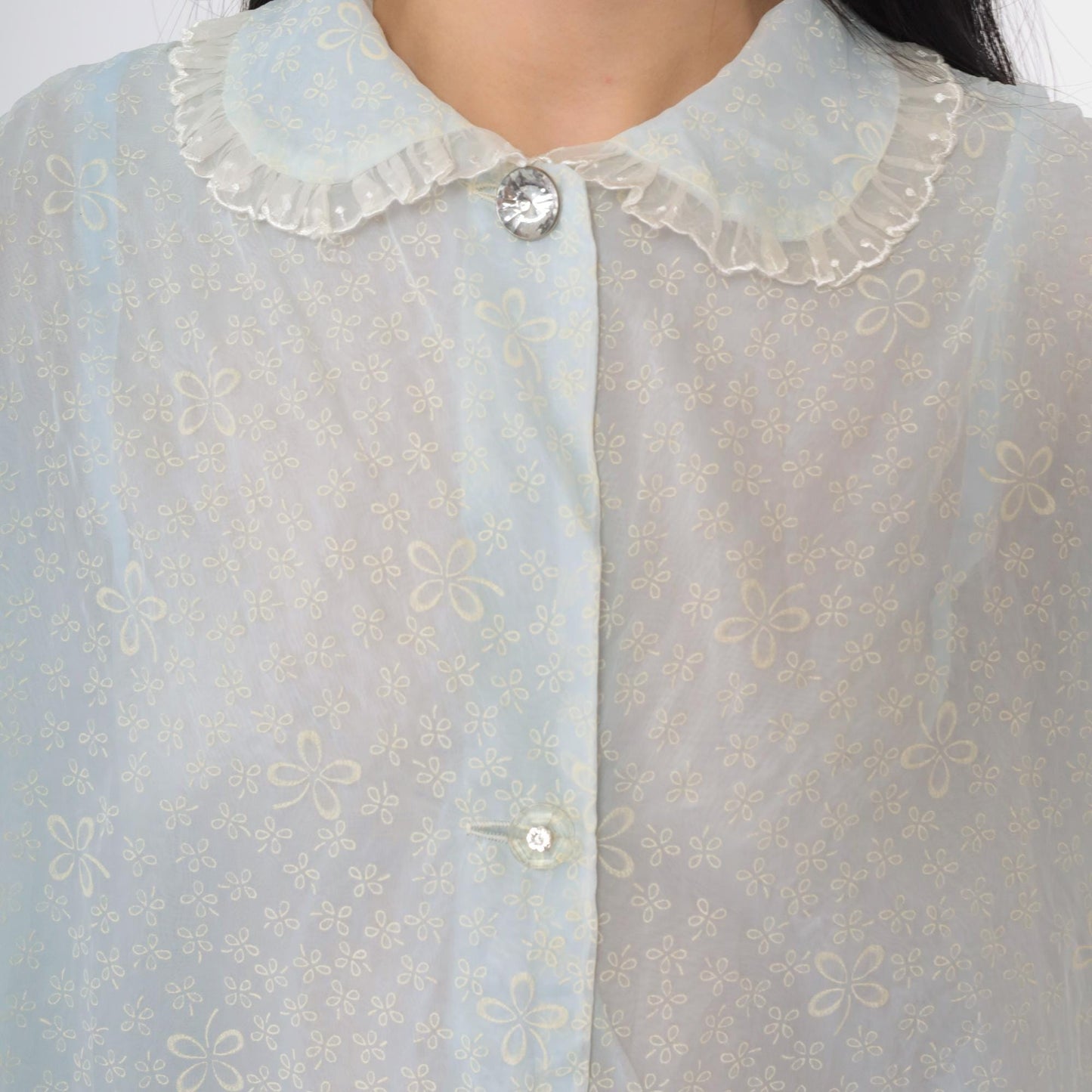 60s Light Blue Chiffon Robe Flocked Floral Peter Pan Collar Peignoir Extra Large