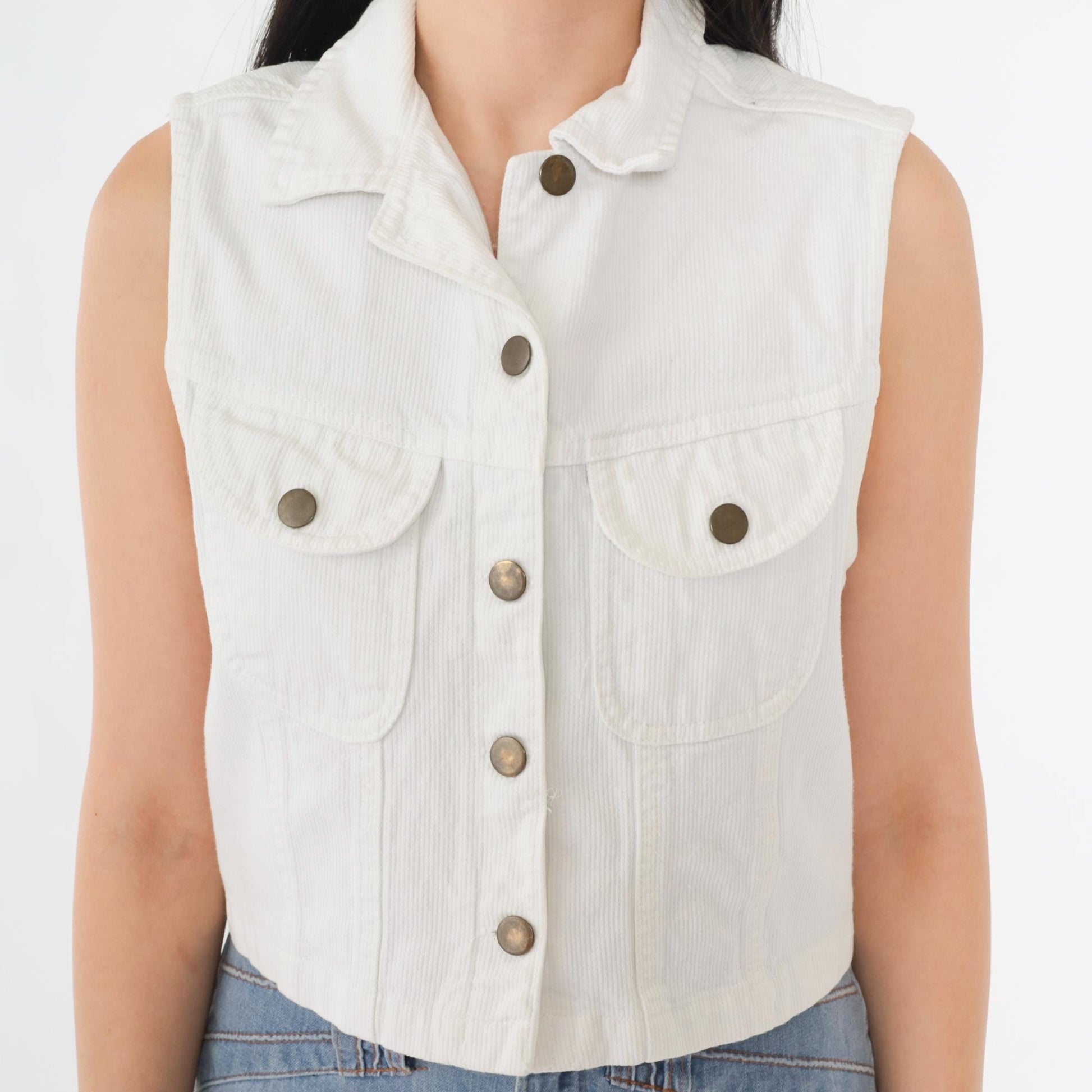 90s White Corduroy Vest Cropped Button-Up Utility Pockets Small