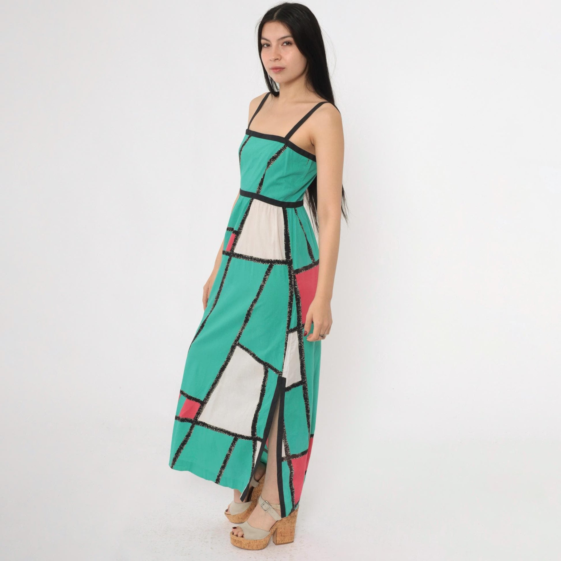 80s Teal Fuchsia Colorblock Maxi Sundress Spaghetti Strap High Waist Extra Small