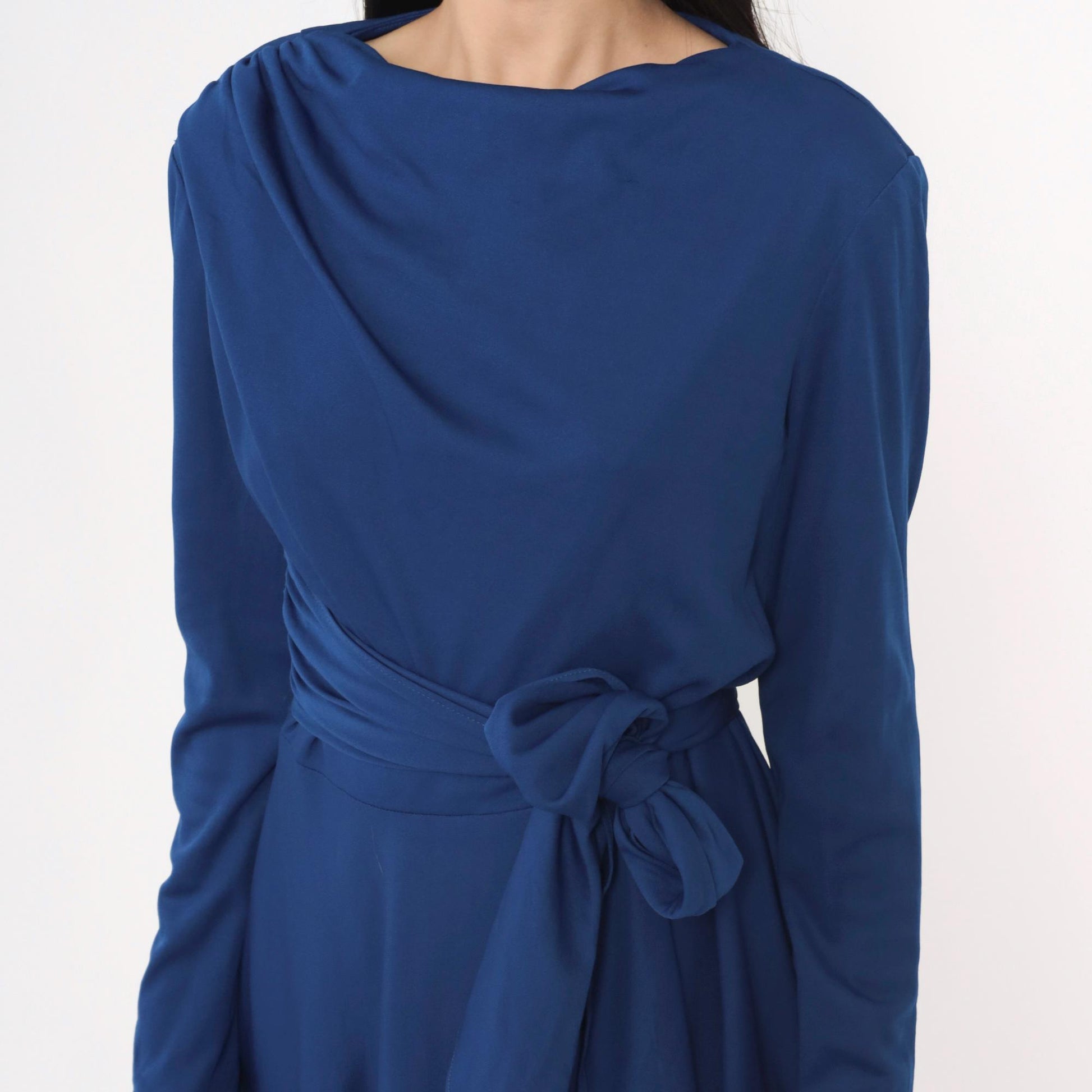 70s Royal Blue Dress Draped Boat Neck Tie Waist Midi A-Line Long Sleeve Large