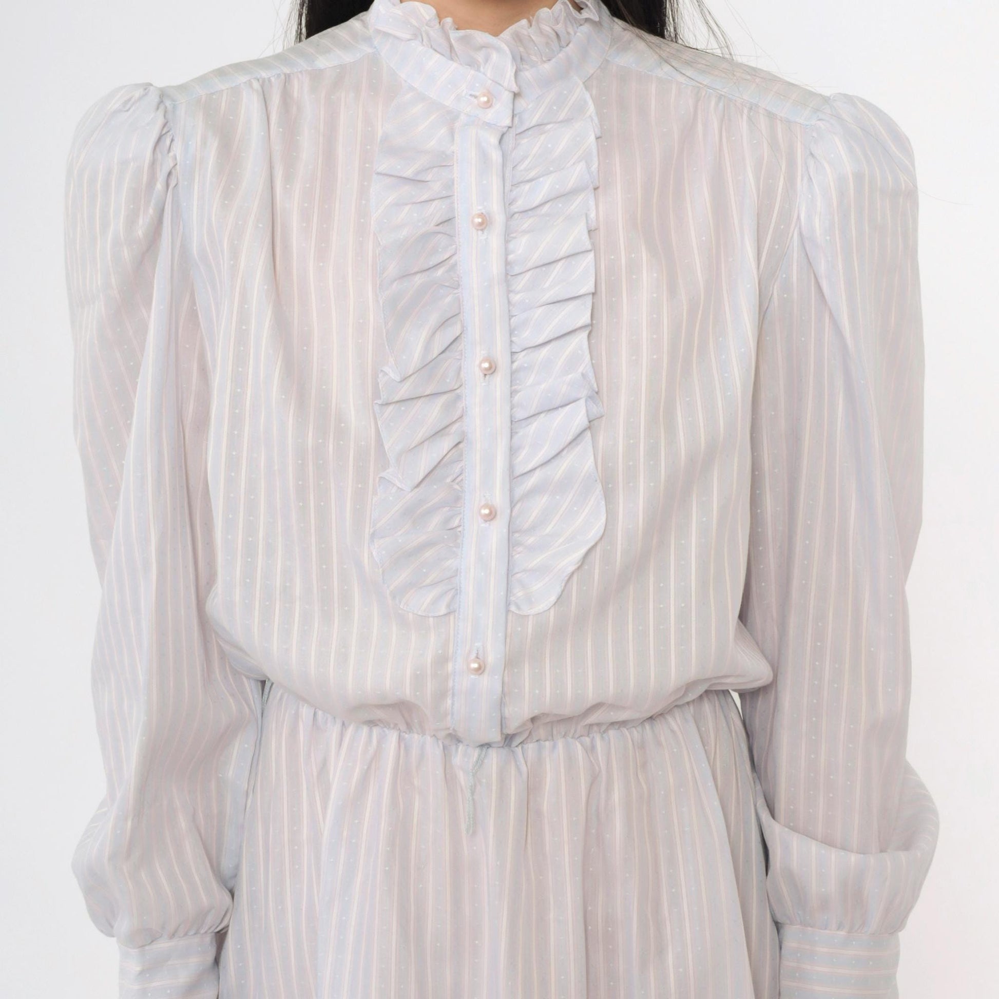 80s Striped Puff Sleeve Midi Dress Grey-Blue Pink White High Waisted Small