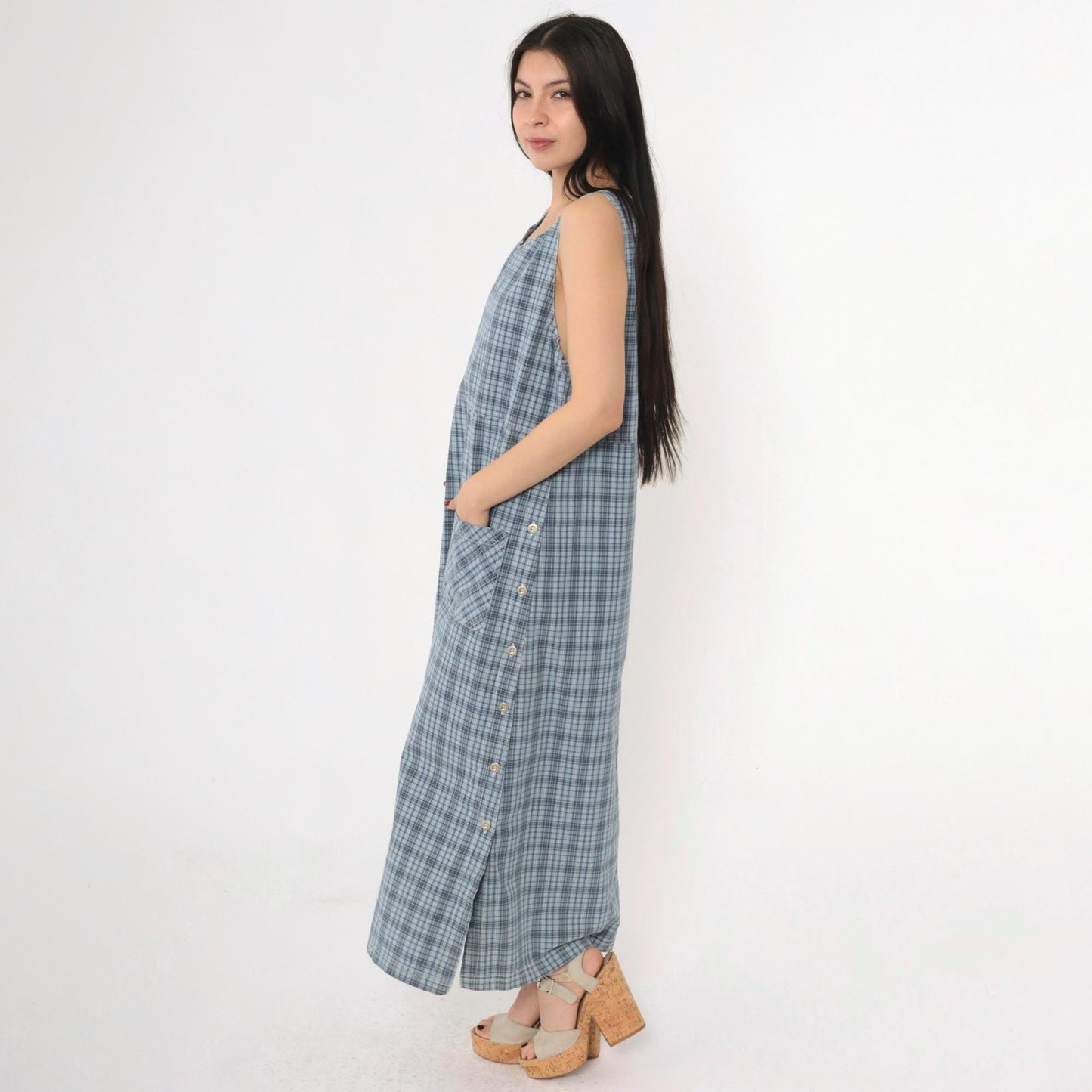 90s Erika & Co Blue Plaid Maxi Jumper Dress Cotton High Waist Medium M