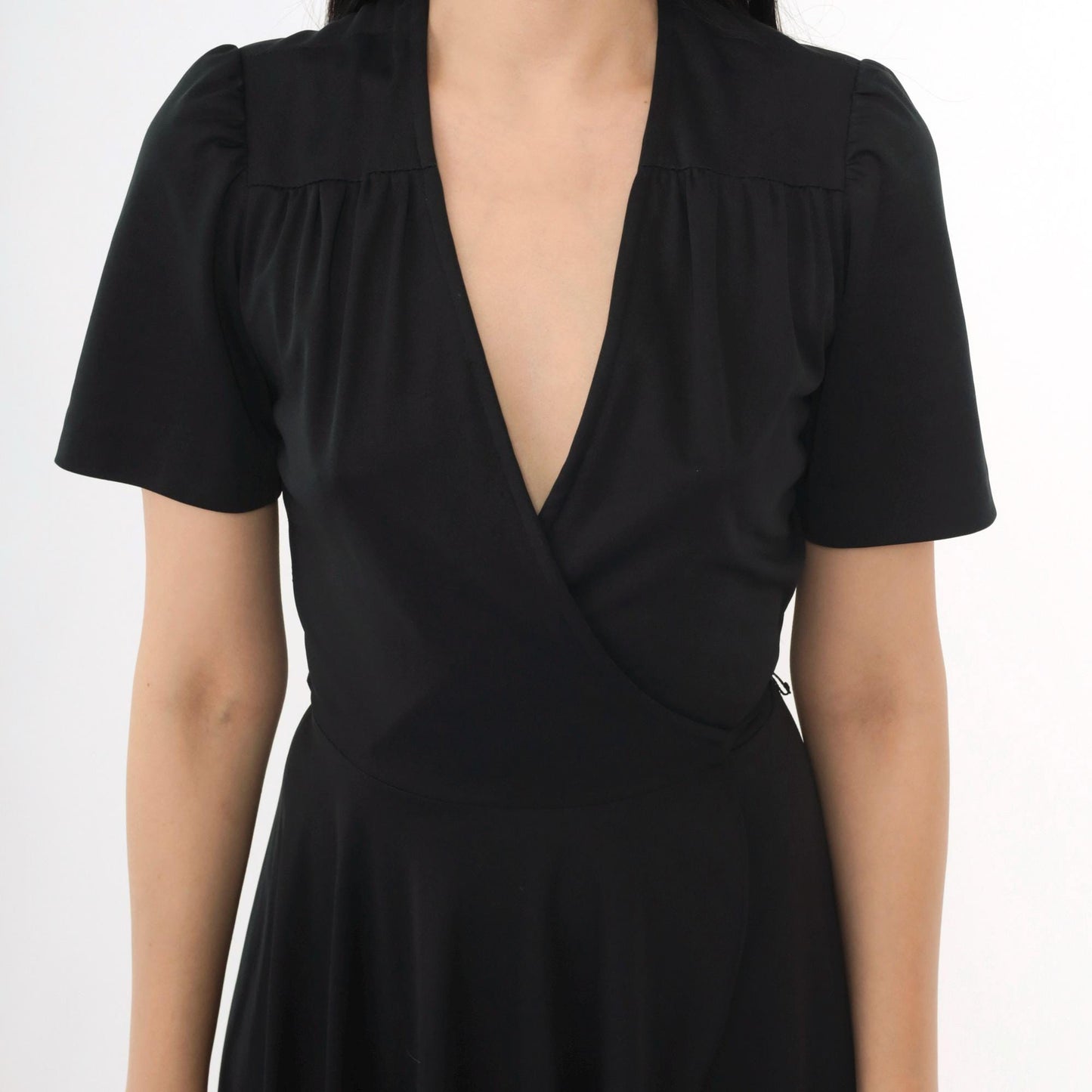 70s Young Edwardian Arpeja Black Wrap Midi Dress Puff Sleeve V Neck Small