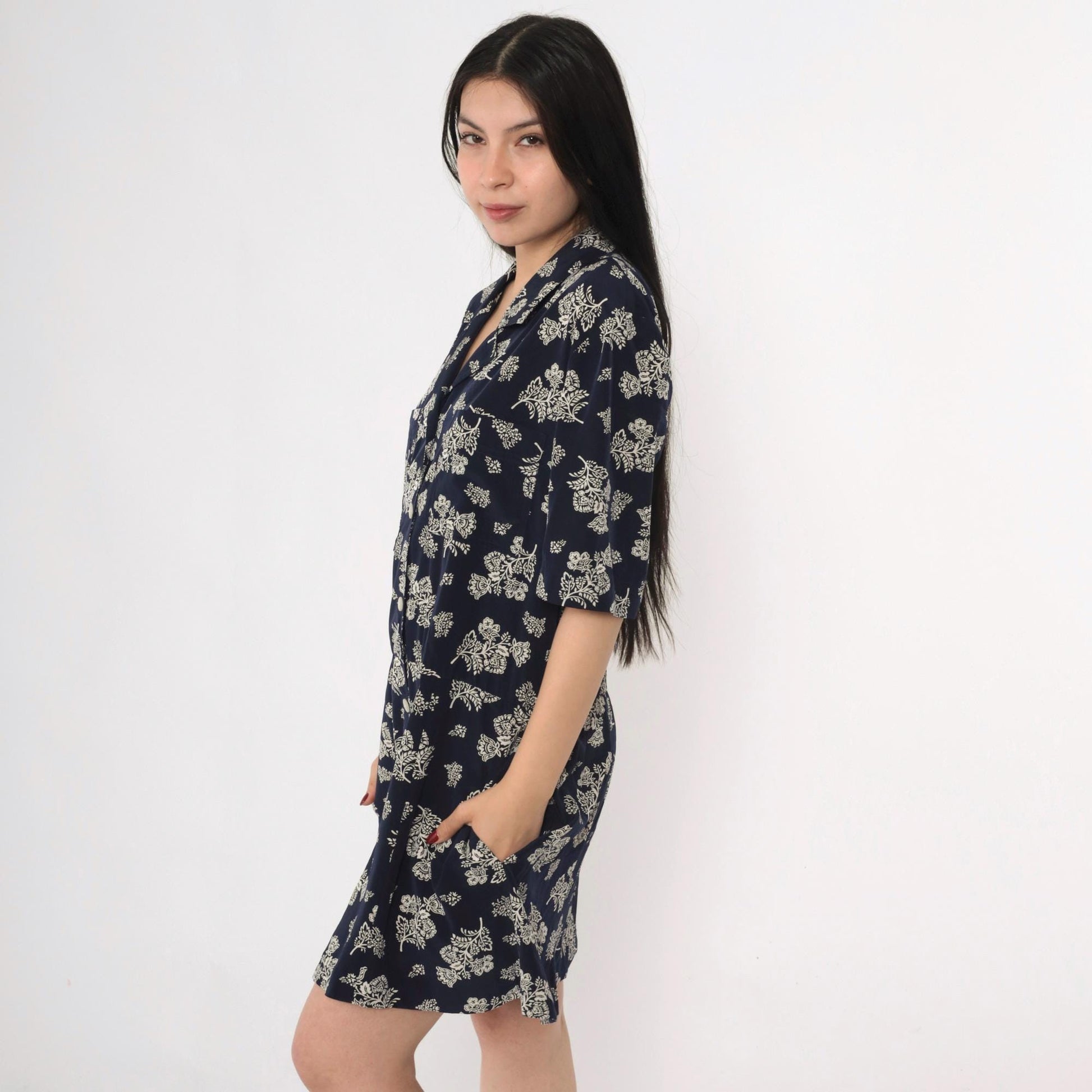 80s Liz Claiborne Navy Floral Midi Dress Drop Waist Button Front Extra Large