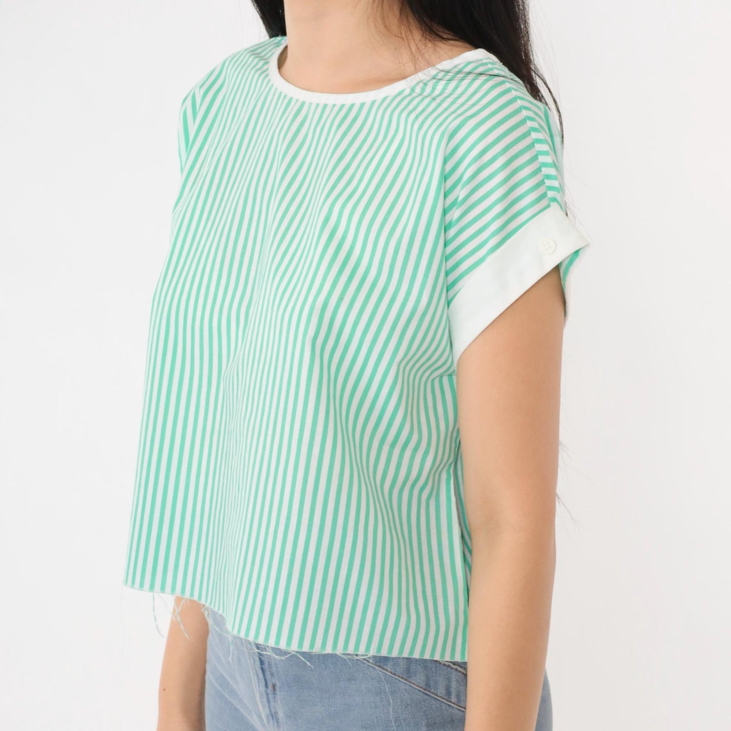 80s White Green Striped Crop Top Cap Sleeve Raw Hem Medium