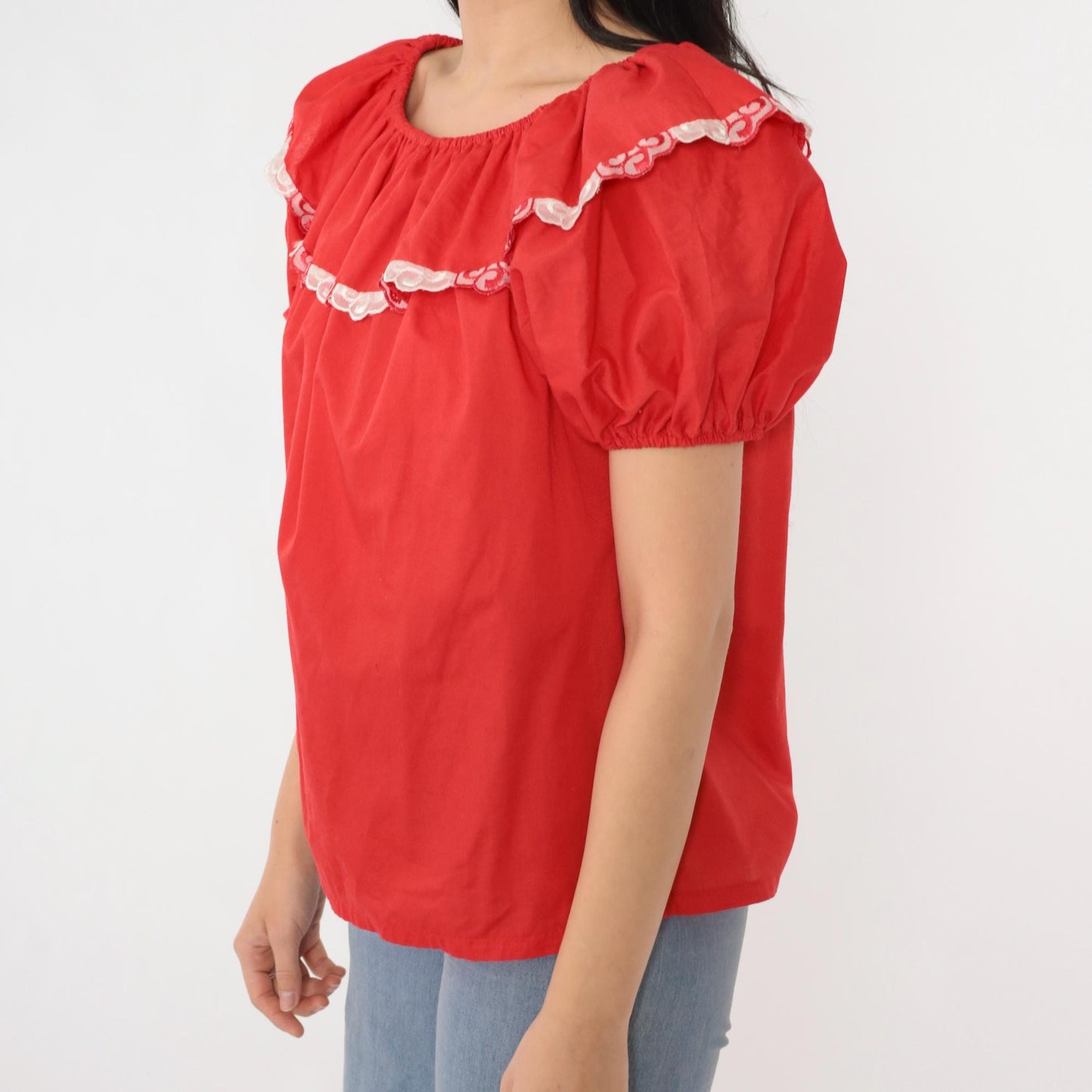 80s Red Peasant Blouse Puff Sleeve Elastic Neckline Small S