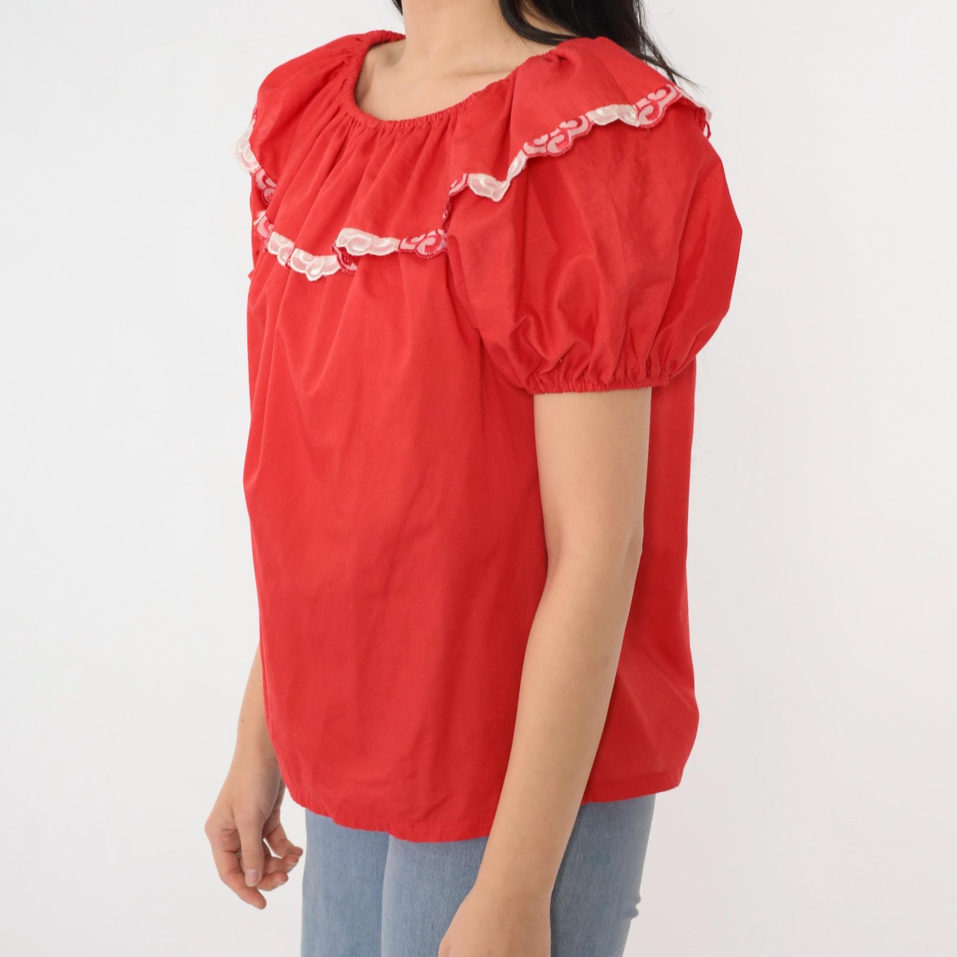 80s Red Peasant Blouse Puff Sleeve Elastic Neckline Small S