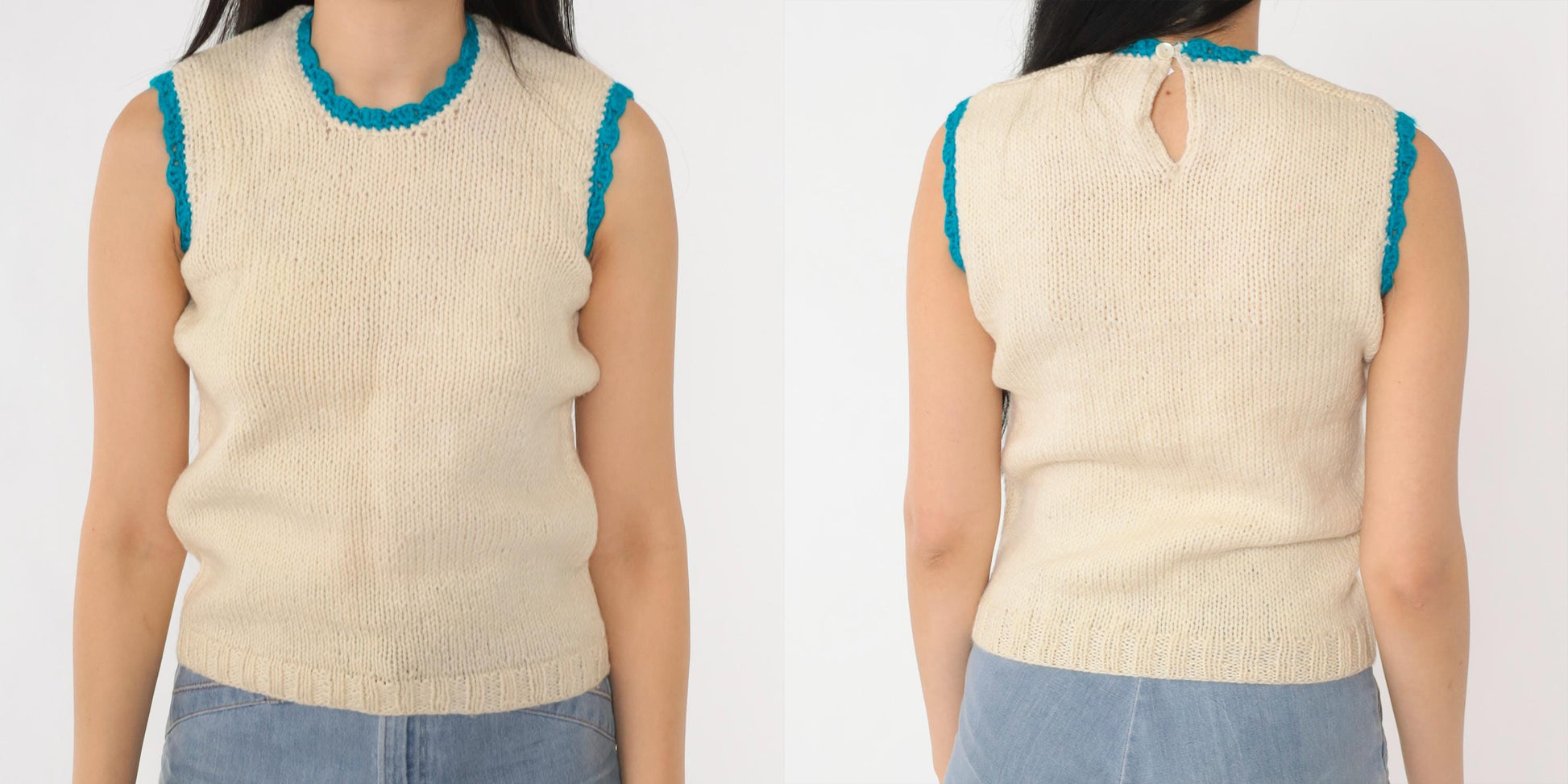 70s Cream Knit Tank Top Blue Scalloped Trim Keyhole Back Small
