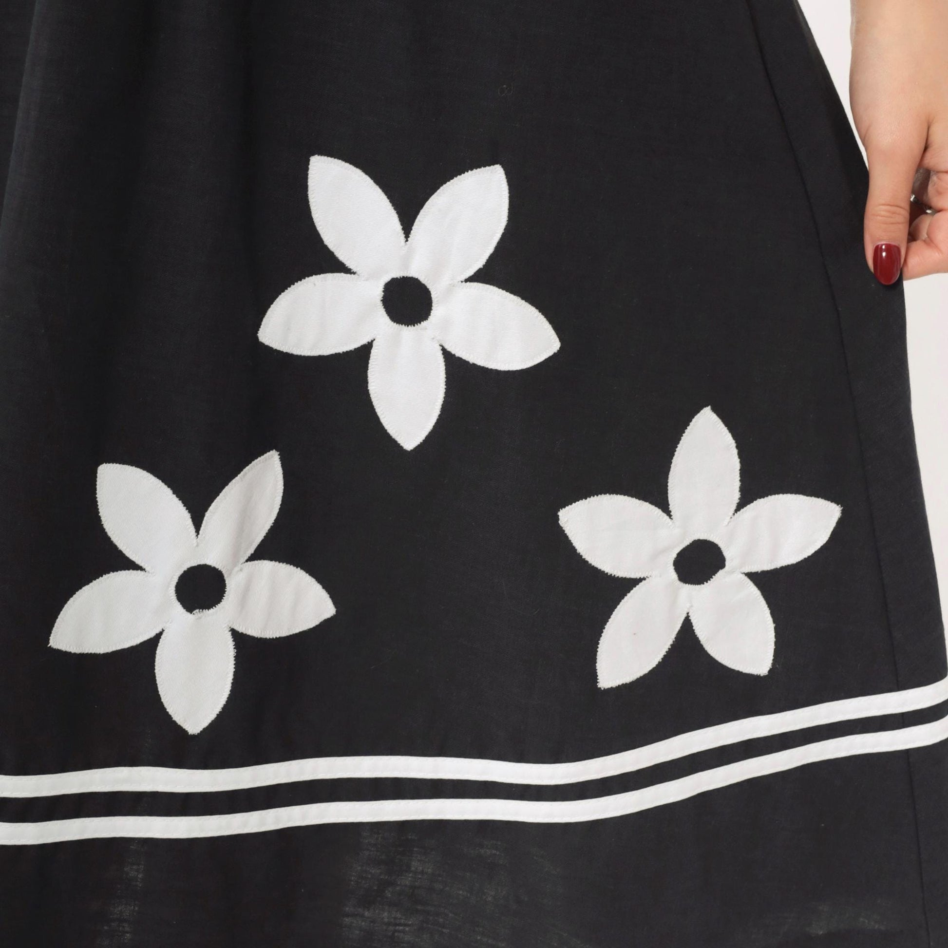 70s Toni Todd Black White Floral Appliqué Midi Dress High Waist Scoop Neck Medium