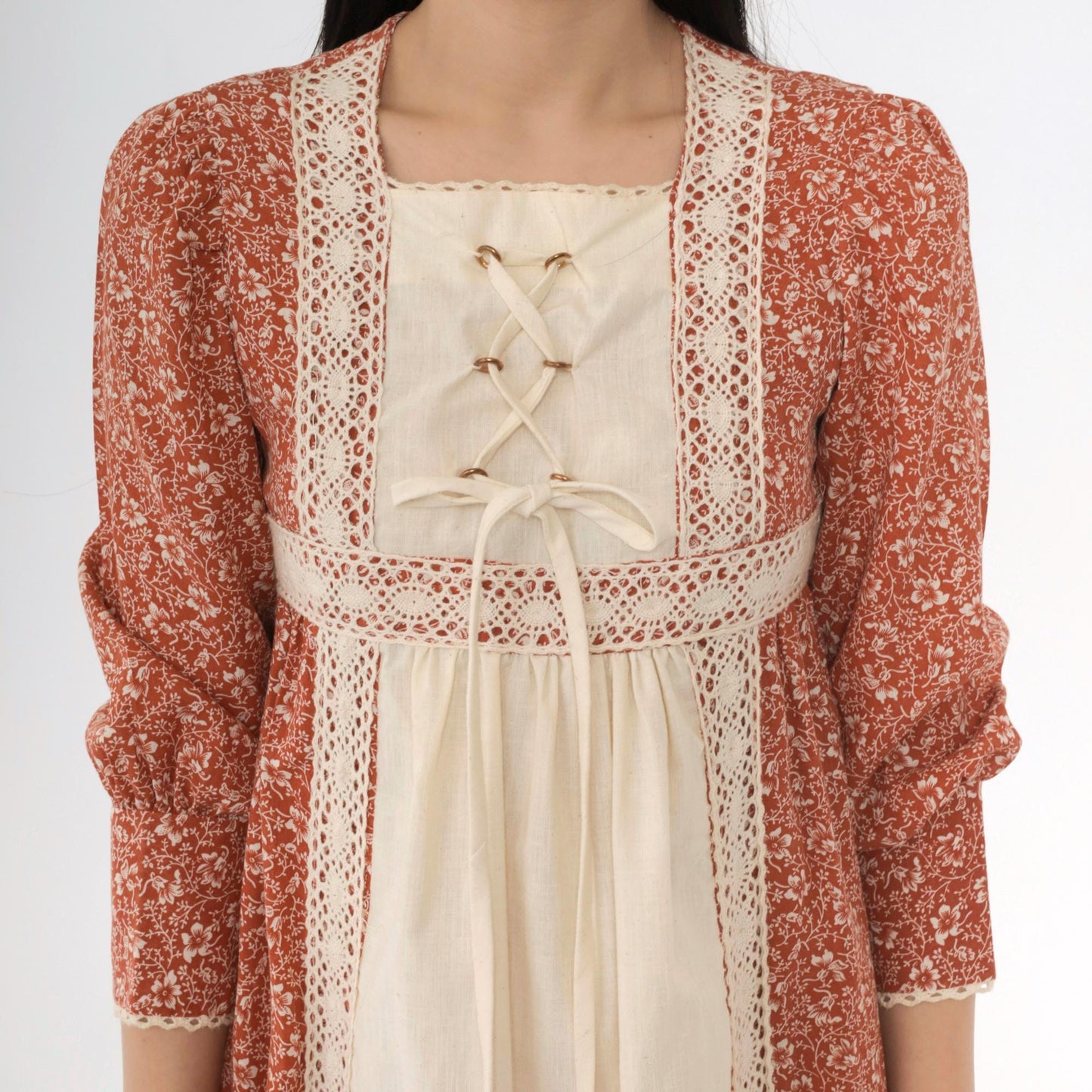 70s Prairie Dress Burnt Orange Calico Floral Midi Puff Sleeve Lace-Up Small