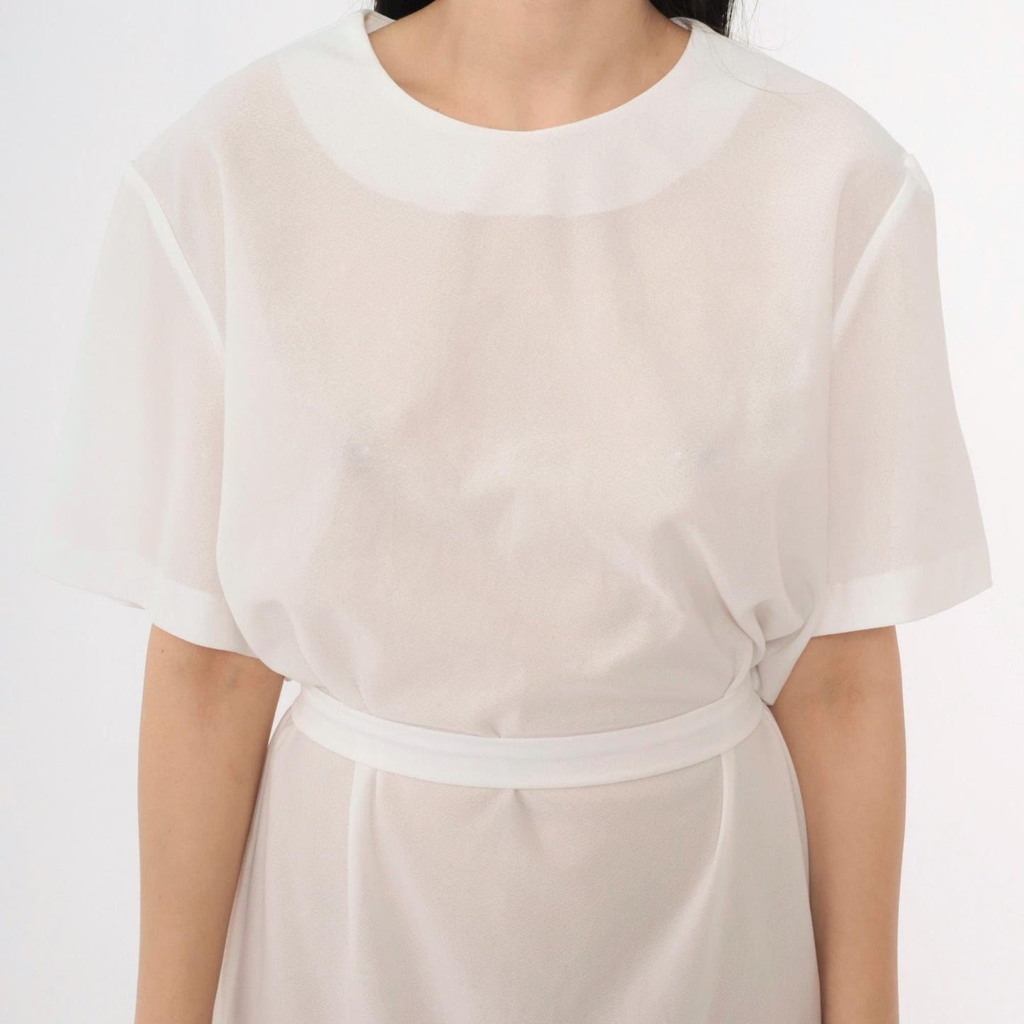 70s Sheer White Shift Dress Tie Belt Short Sleeve Mini Plus Size XXL
