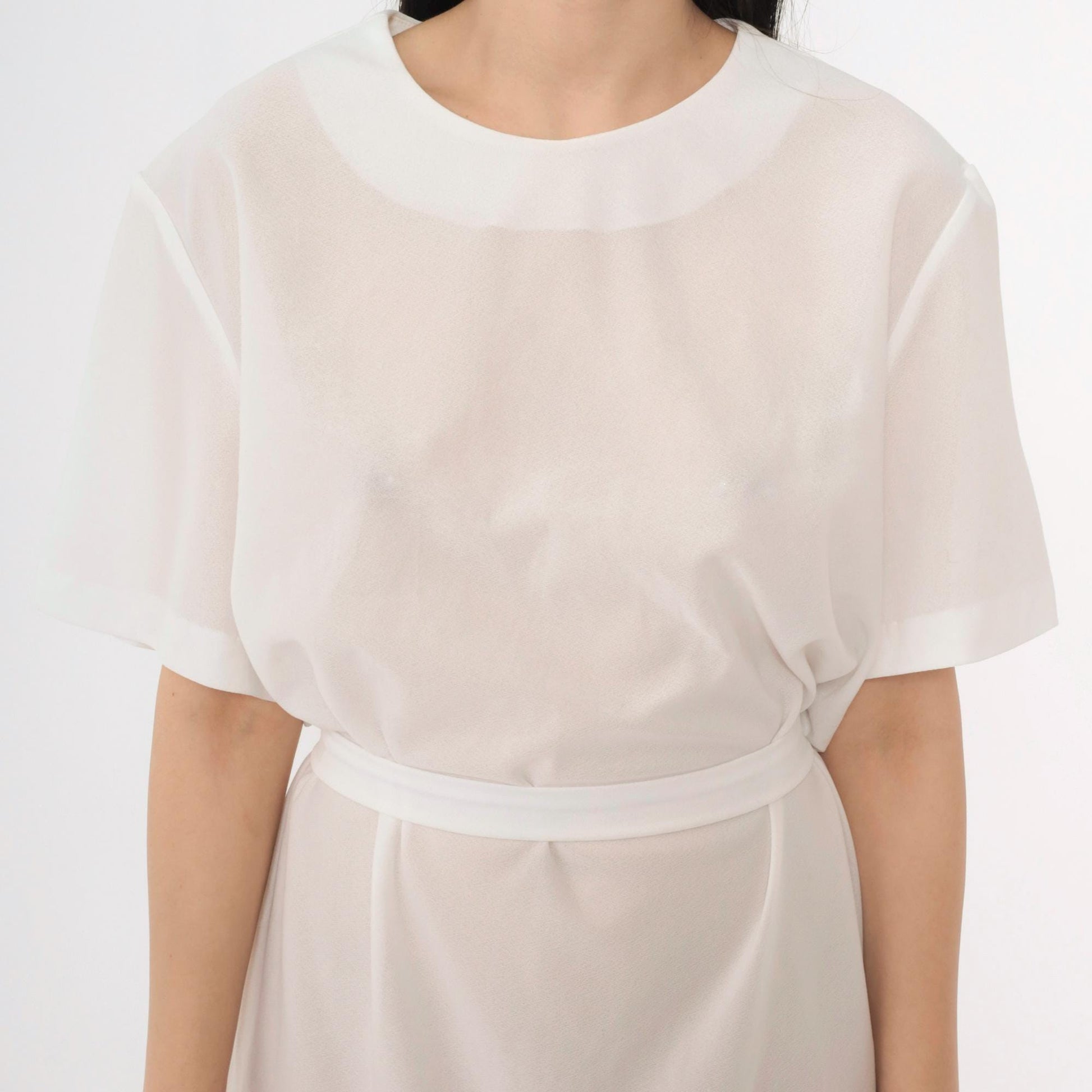 70s Sheer White Shift Dress Tie Belt Short Sleeve Mini Plus Size XXL