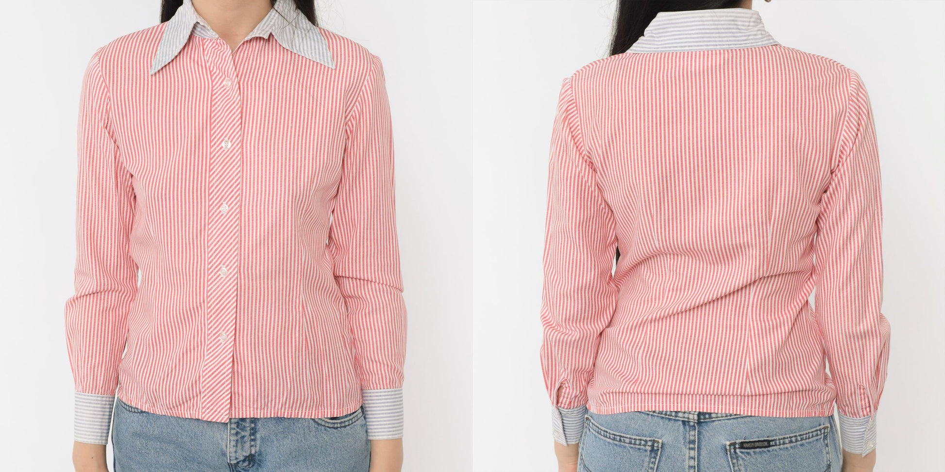 70s Red White Striped Button Up Blouse Dagger Collar Long Sleeve Extra Small