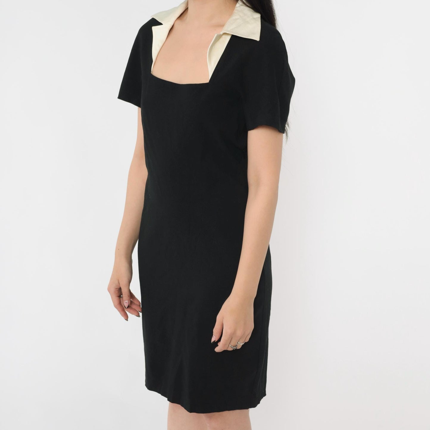90s Mariella Burani Black Mini Dress Wool Blend Square Neck Medium M