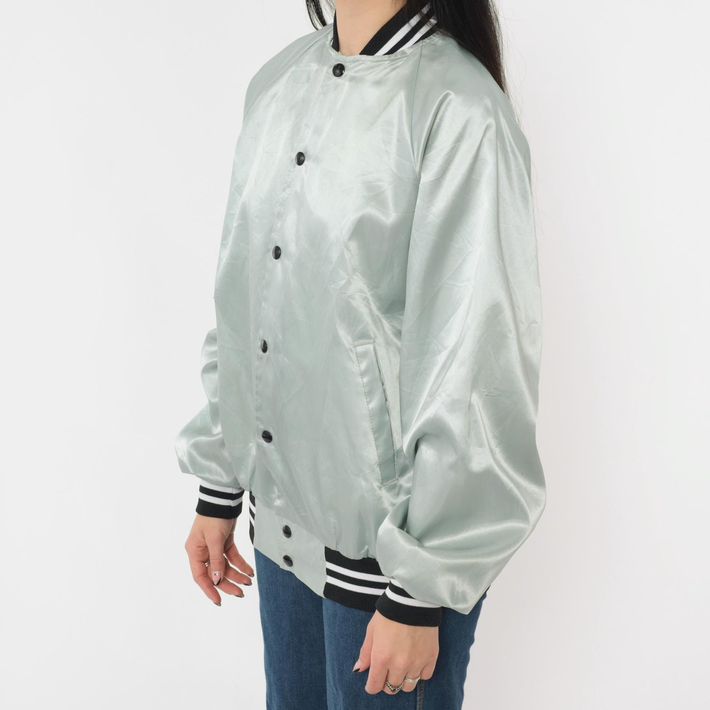 80s Silver Satin Bomber Jacket Tower Tavern Manitowoc Snap Front Men's Large