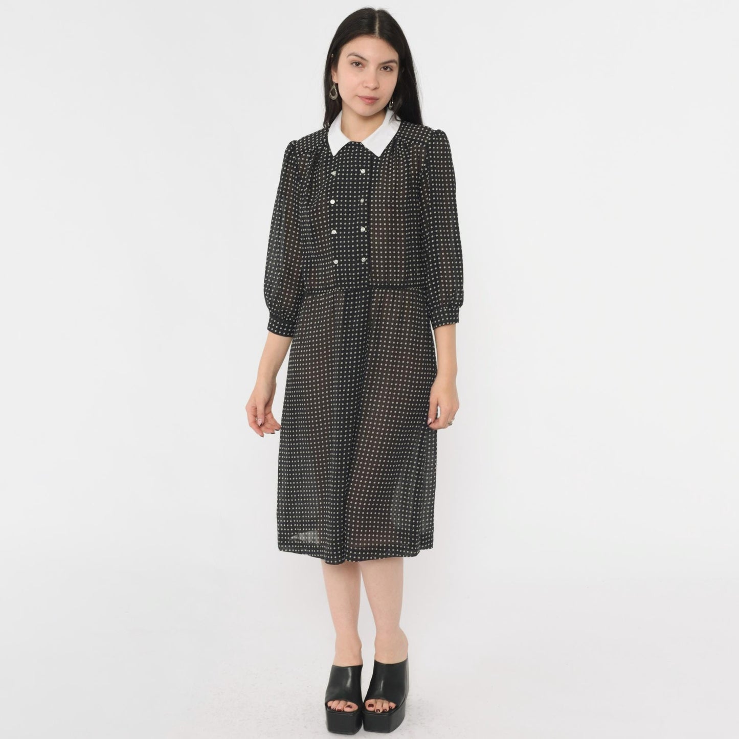 80s Black Polka Dot Midi Dress White Collar Puff Sleeve Button Front Medium M