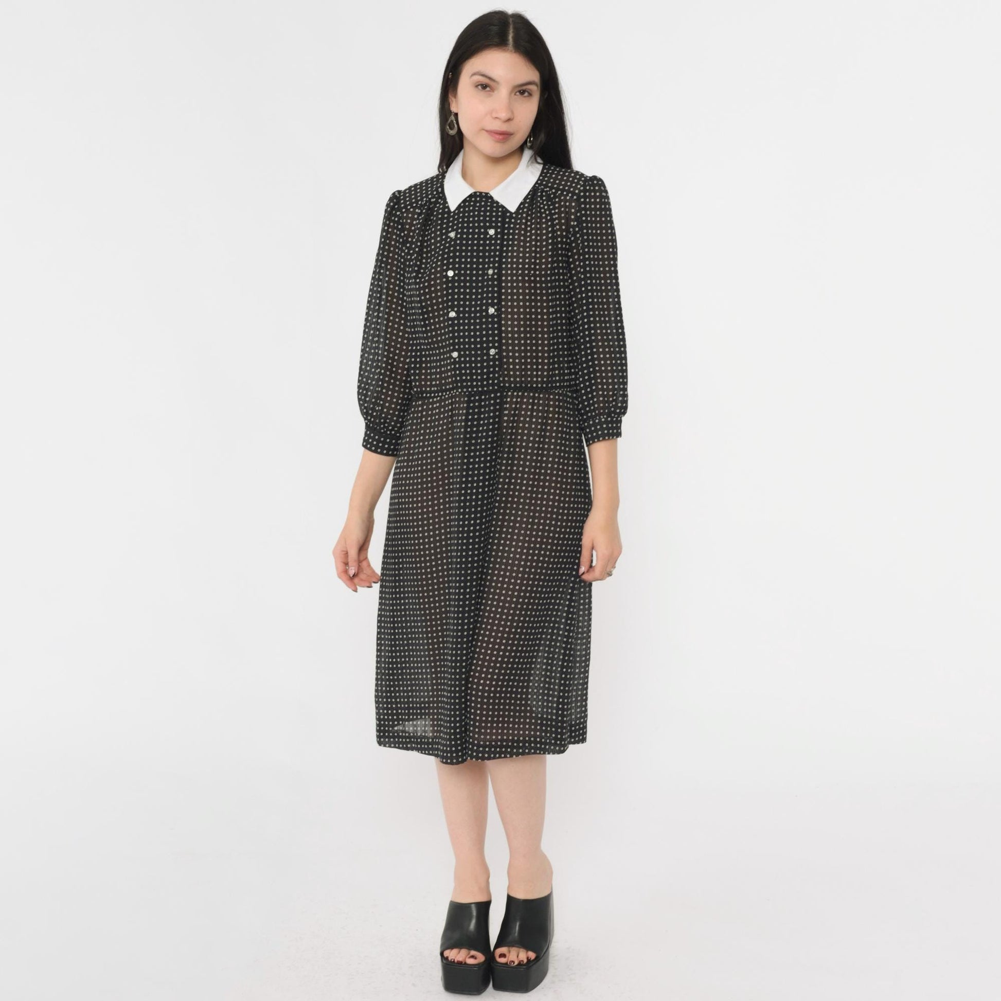 80s Black Polka Dot Midi Dress White Collar Puff Sleeve Button Front Medium M