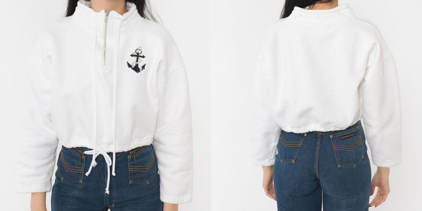 90s The Deep End White Anchor Embroidered Half-Zip Sweatshirt Cropped Large