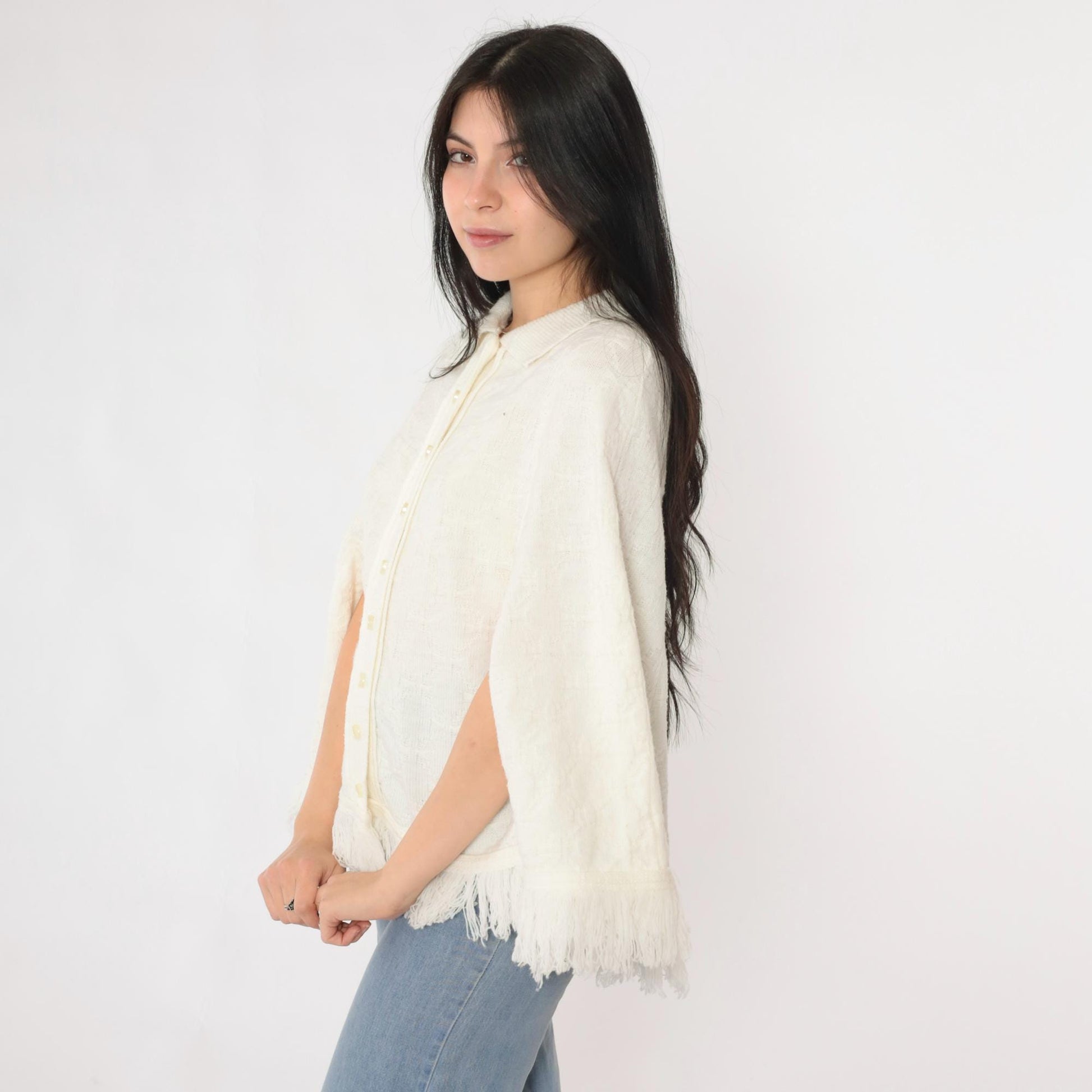 70s White Knit Poncho Button-Up Cape Fringe Trim One Size