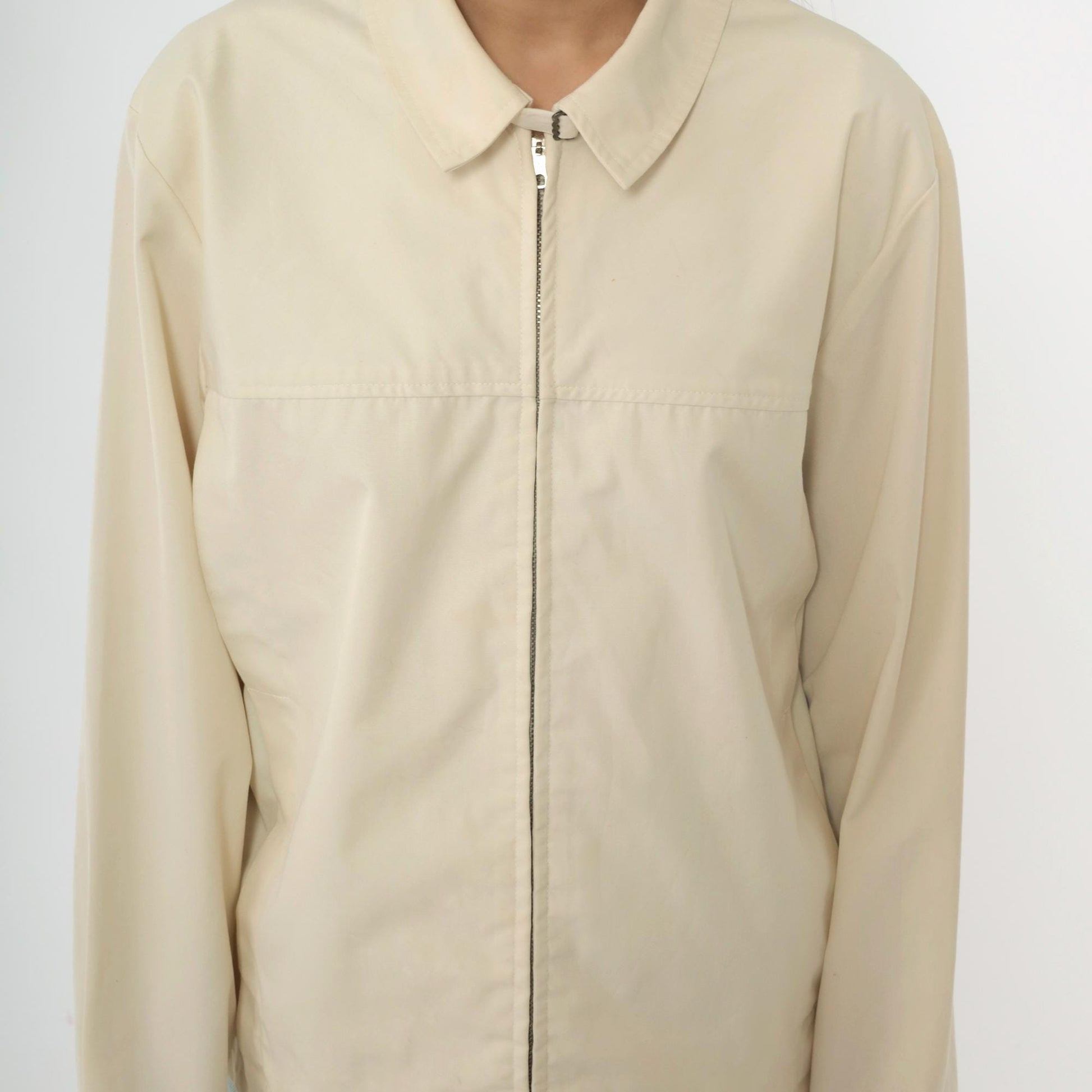 80s Cream Windbreaker Jacket Full Zip Bomber Neck Buckle Men's Medium