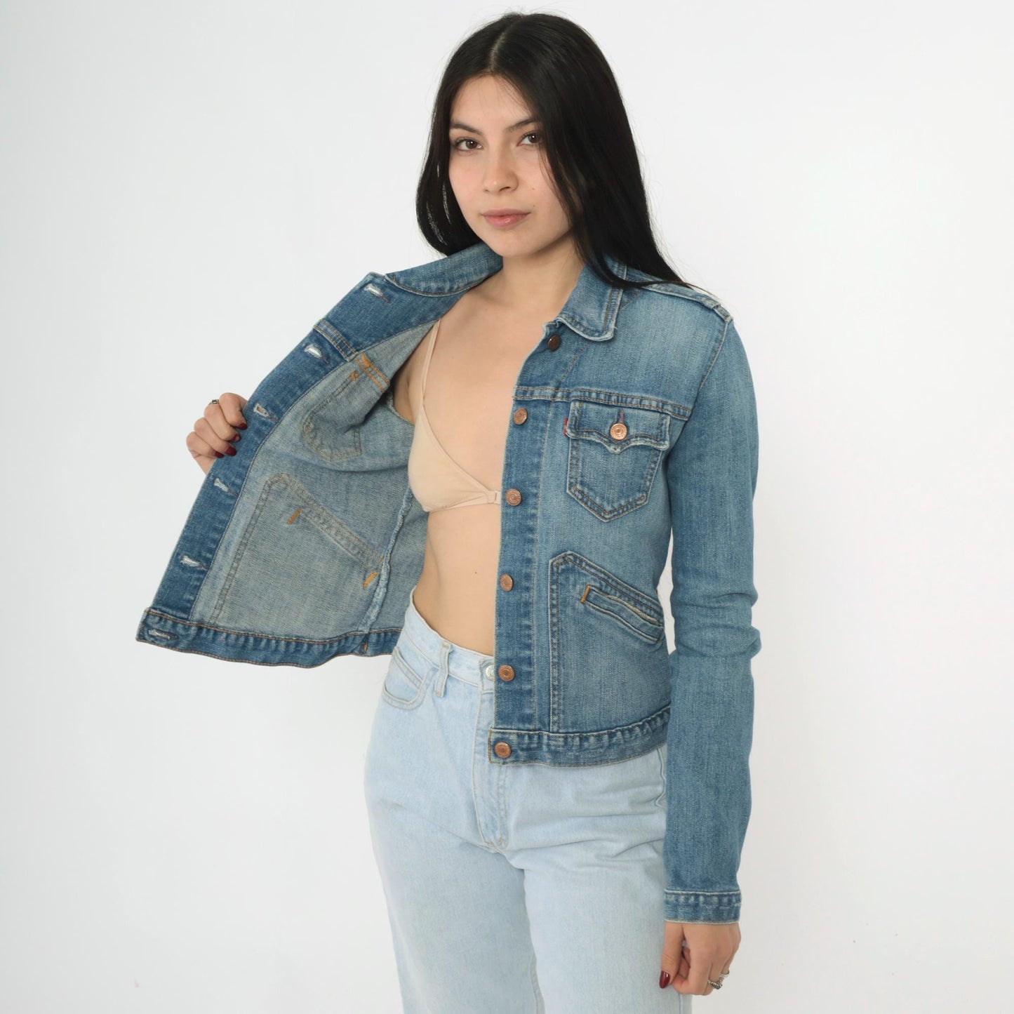 Y2K Levi's Denim Jacket Cropped Blue Jean Fitted Stretch Extra Small