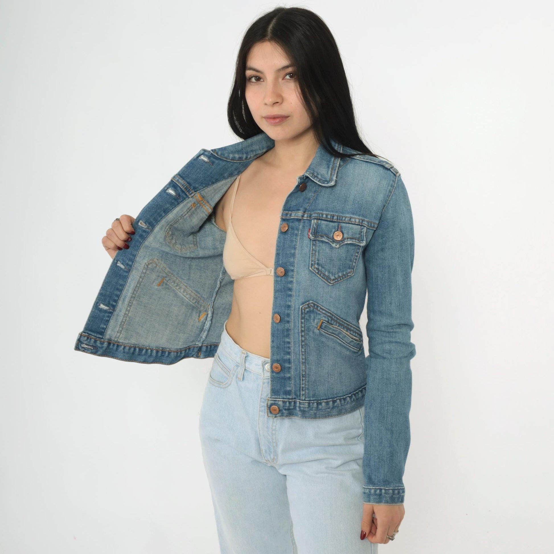 Y2K Levi's Denim Jacket Cropped Blue Jean Fitted Stretch Extra Small