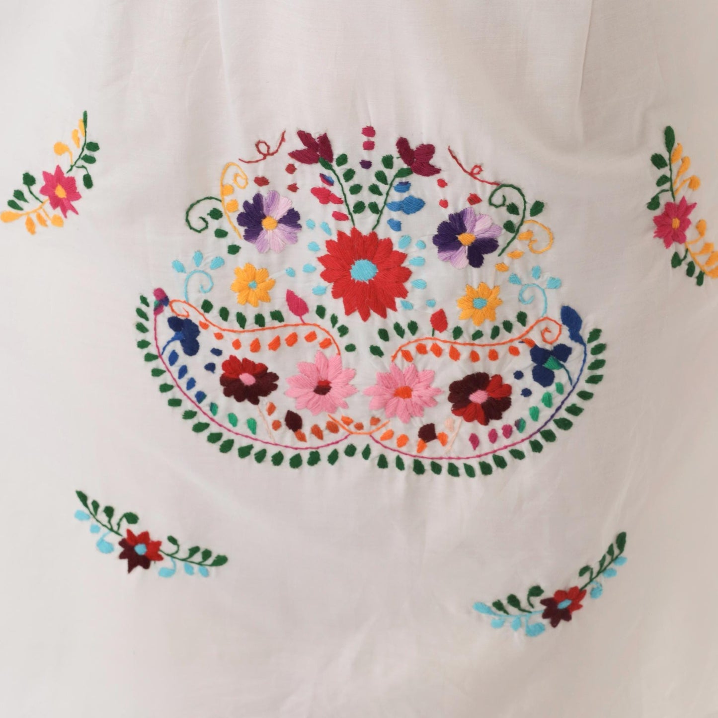 Y2K Mexican Floral Embroidered White Cotton Mini Dress Medium M