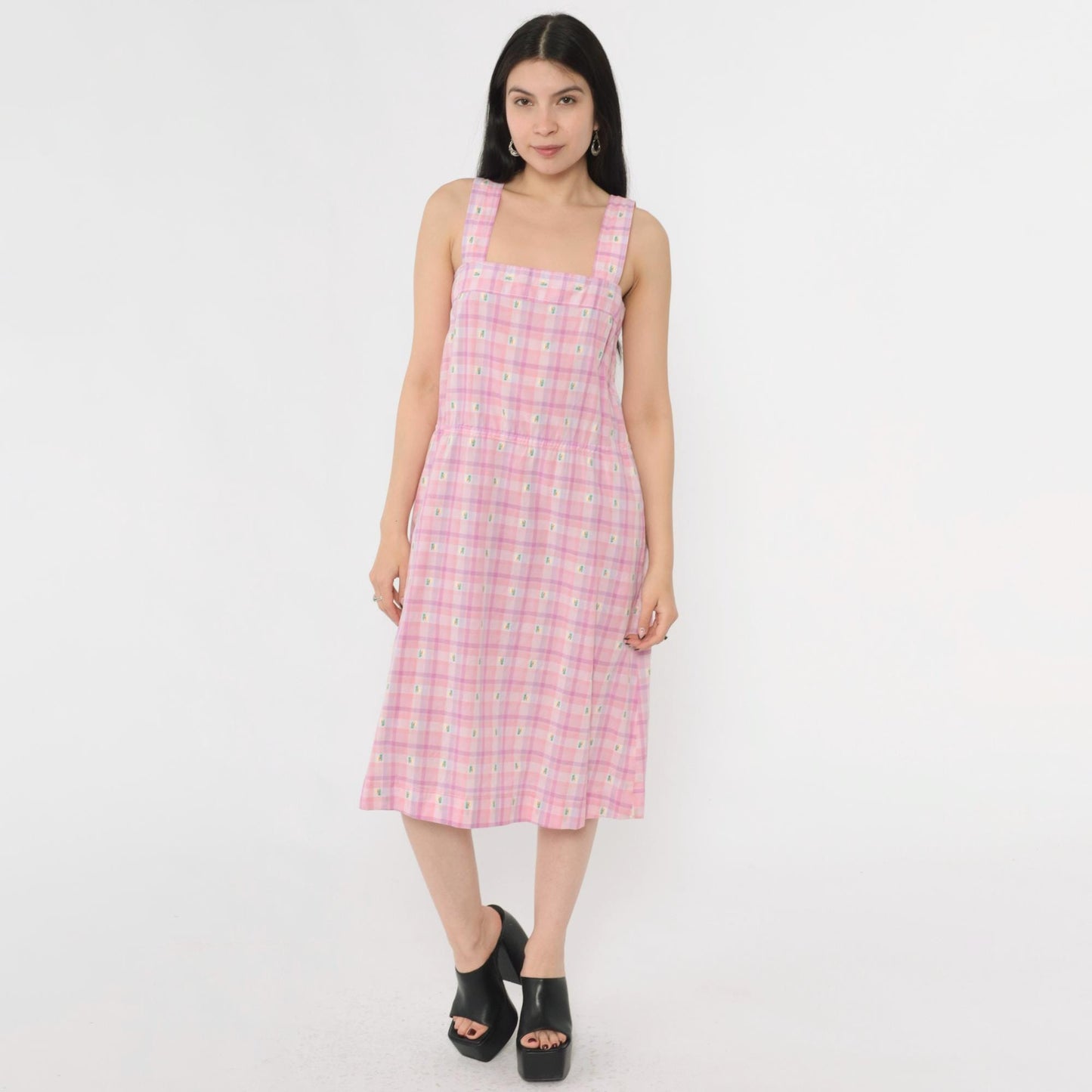 80s Pink Purple Plaid Midi Sundress Embroidered Palm Trees Sleeveless Small