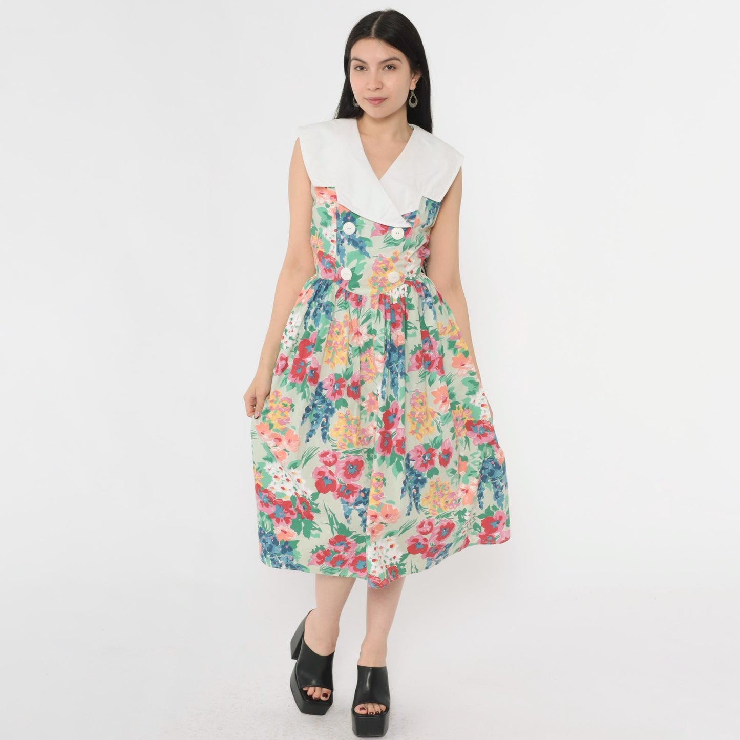 80s Floral Midi Dress Green White Collar Double Breasted Sleeveless Small