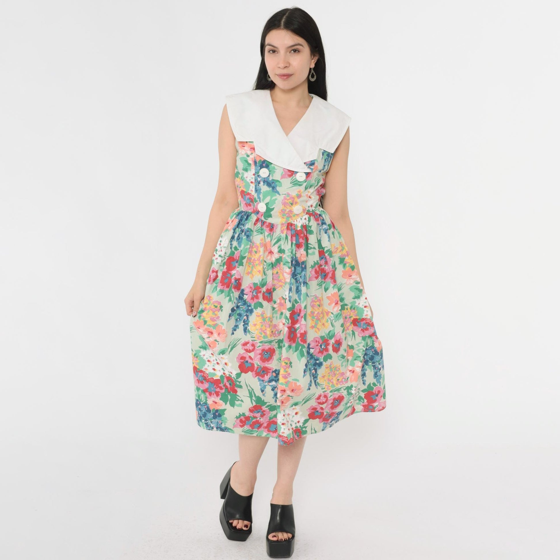 80s Floral Midi Dress Green White Collar Double Breasted Sleeveless Small