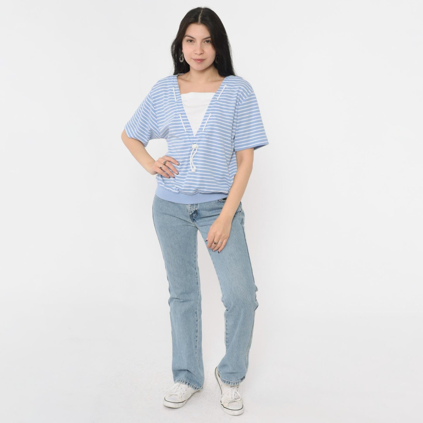 80s Jantzen Nautical Striped Shirt Light Blue White Drawstring Neck Medium Large