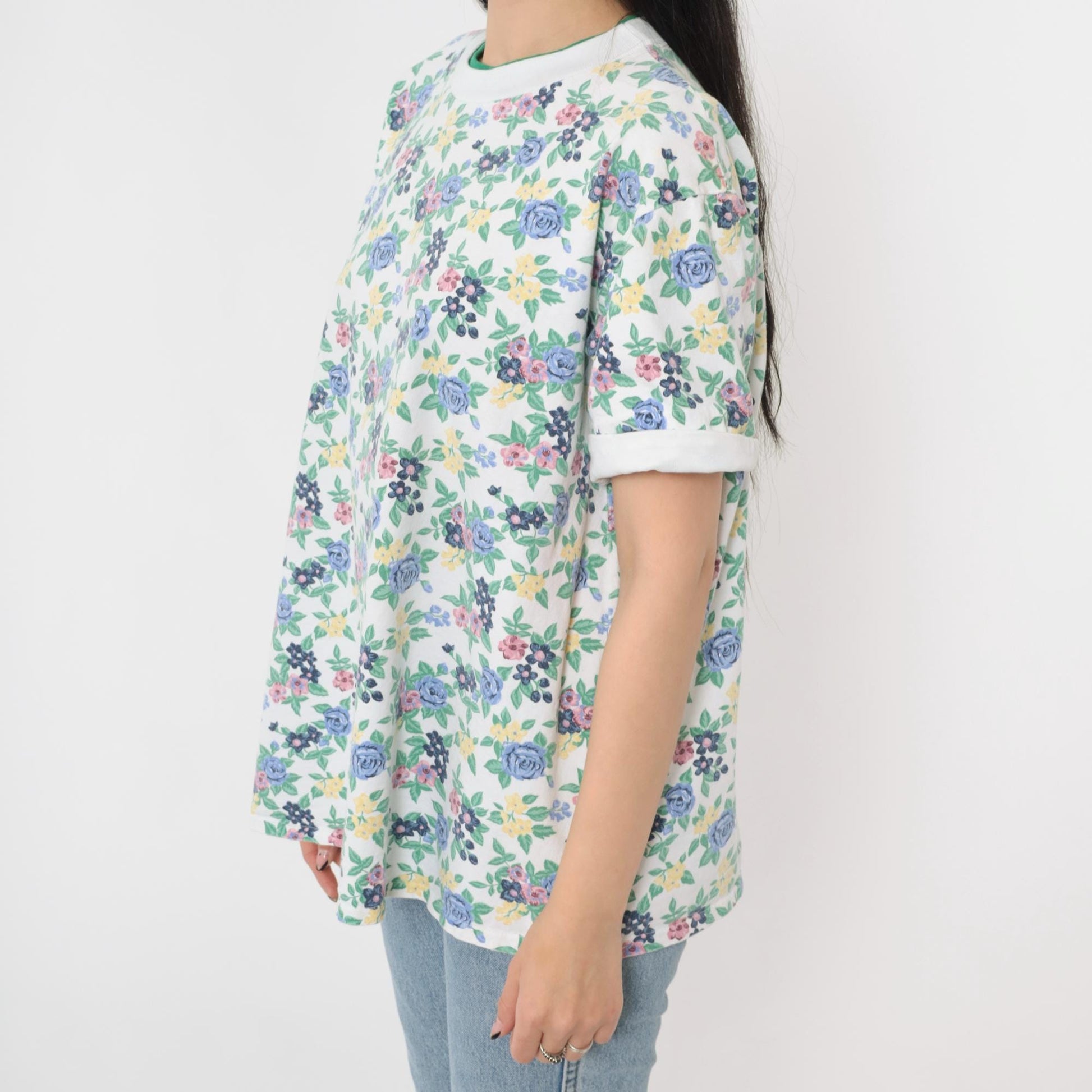90s Floral Ringer Tee White Green Blue Rose Graphic Cuffed Sleeve Extra Large