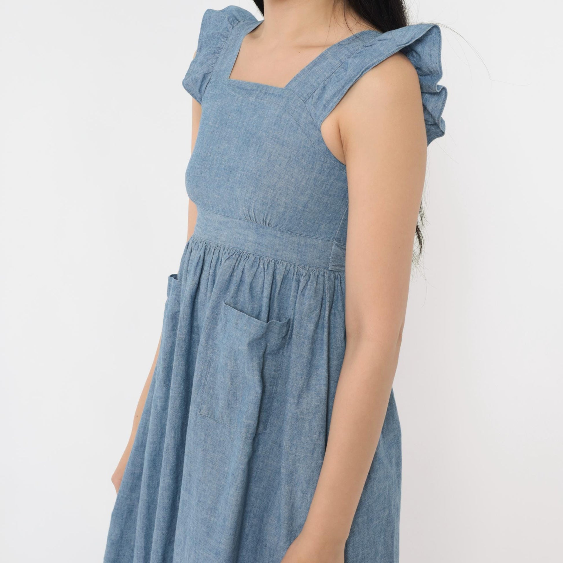 90s Chambray Mini Sundress Blue Square Neck Ruffle Sleeves Button Back 2XS