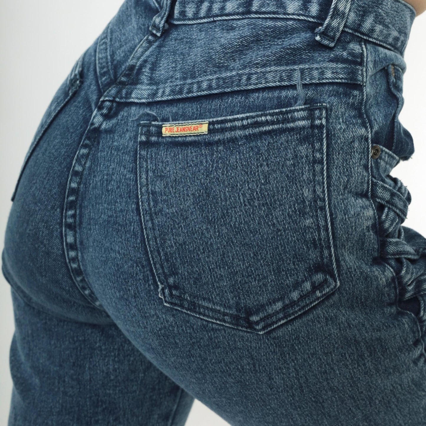 90s Blue Denim High Waist Tapered Jeans Lace Up Side Small S