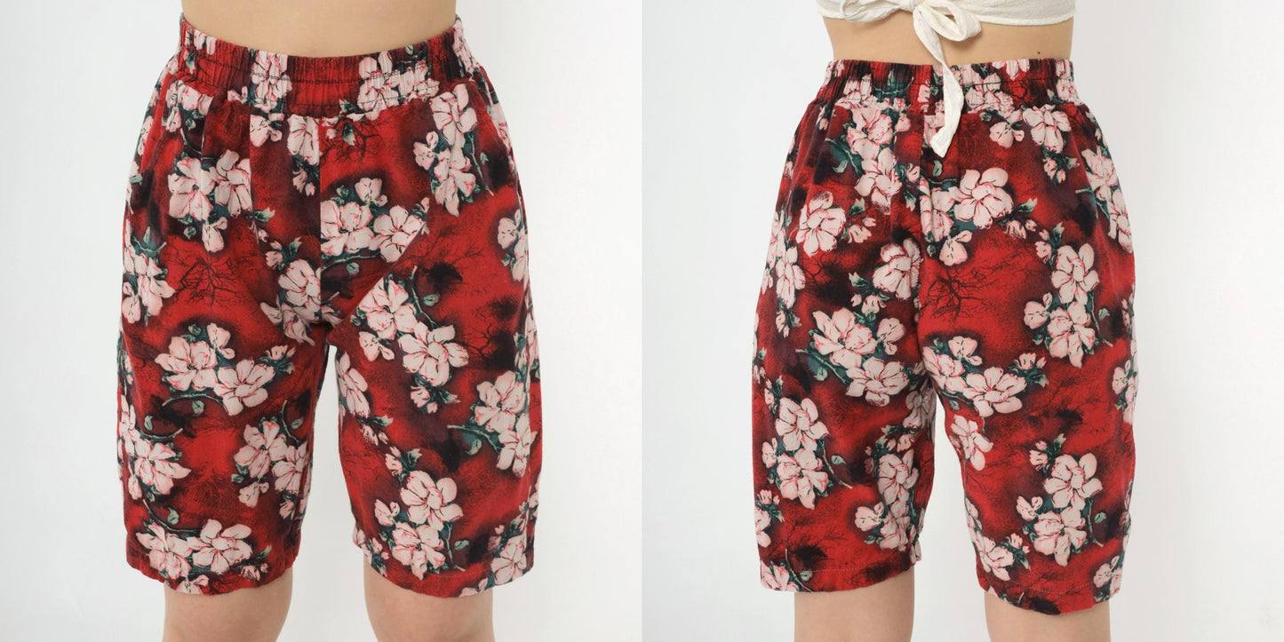 90s Red Floral Bermuda Shorts High Waist Elastic Wide Leg Extra Small