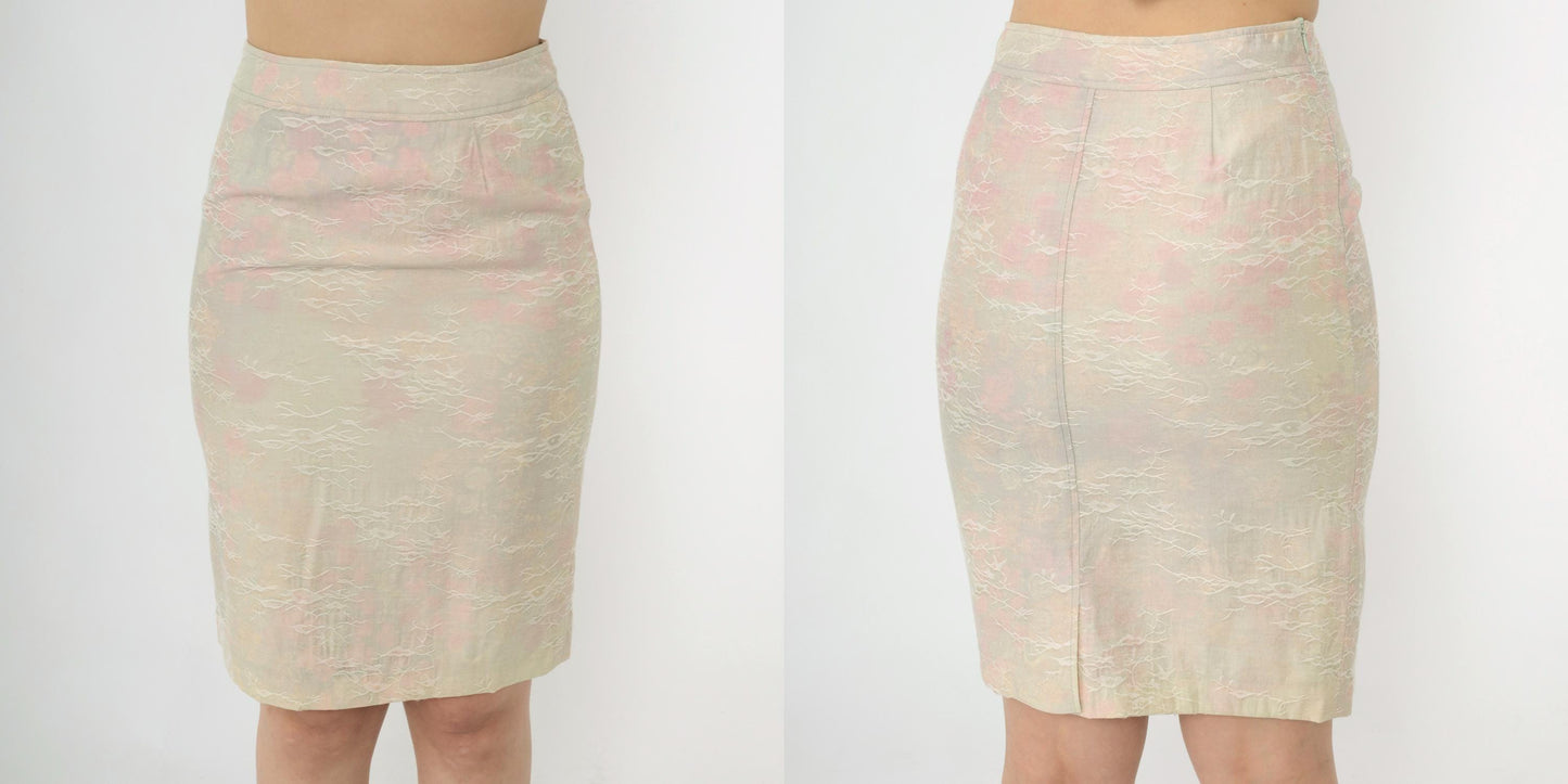 Y2K Cream Pencil Skirt Pastel Floral Embroidered High Waist Extra Small