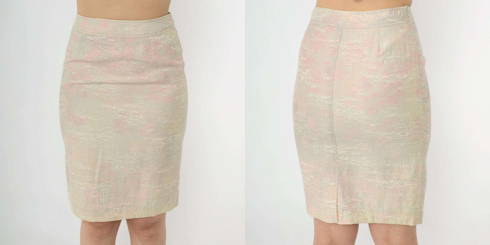 Y2K Cream Pencil Skirt Pastel Floral Embroidered High Waist Extra Small